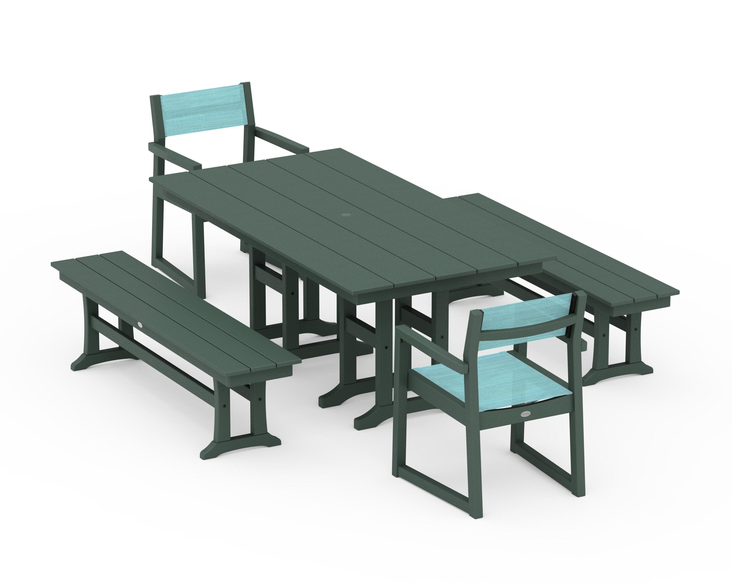 EDGE Sling Arm Chair 5-Piece Farmhouse Dining Set with Benches in Green / Dupioni Aquamarine Sling