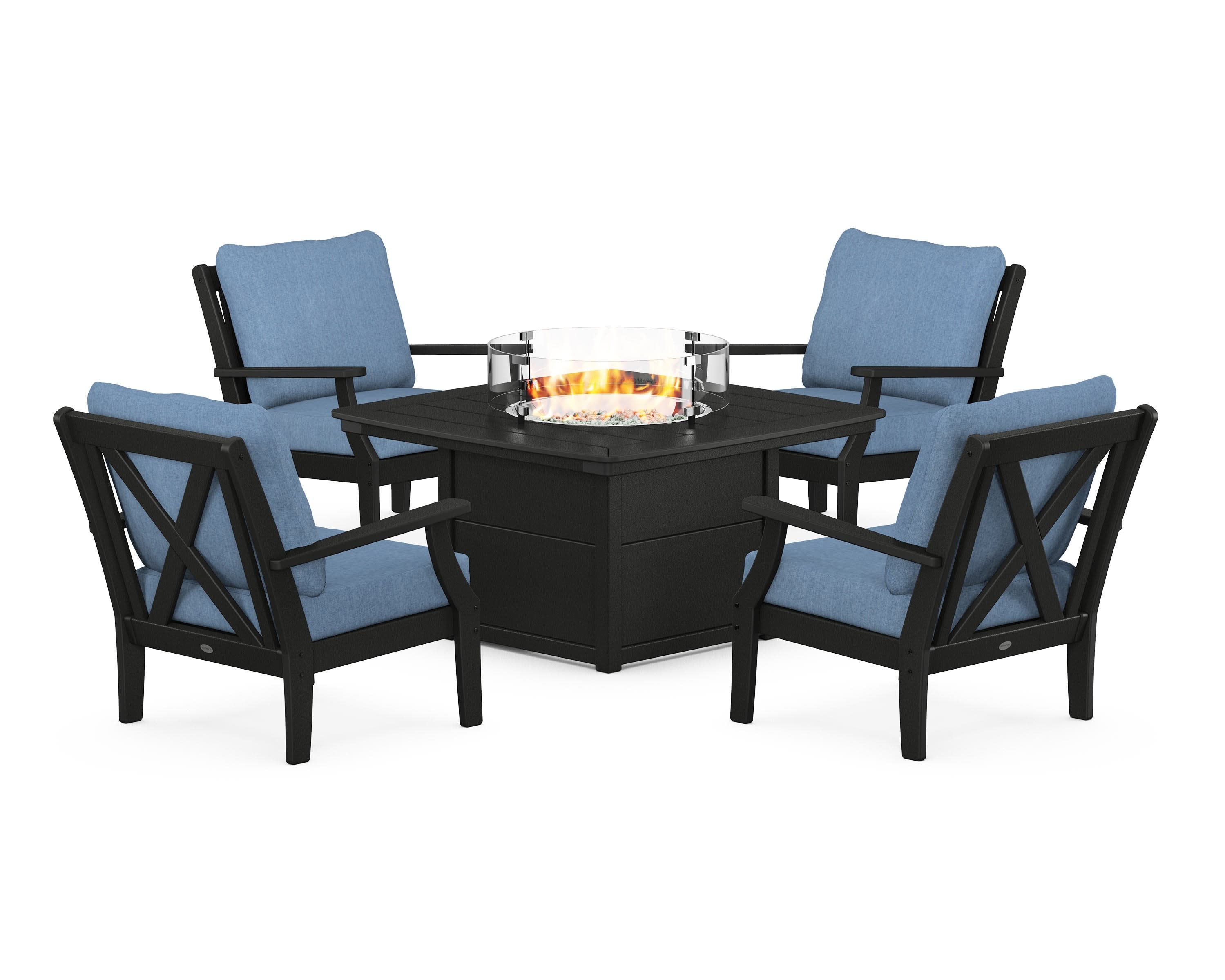 Braxton 5-Piece Deep Seating Conversation Set with Fire Pit Table in Black / Sky Blue