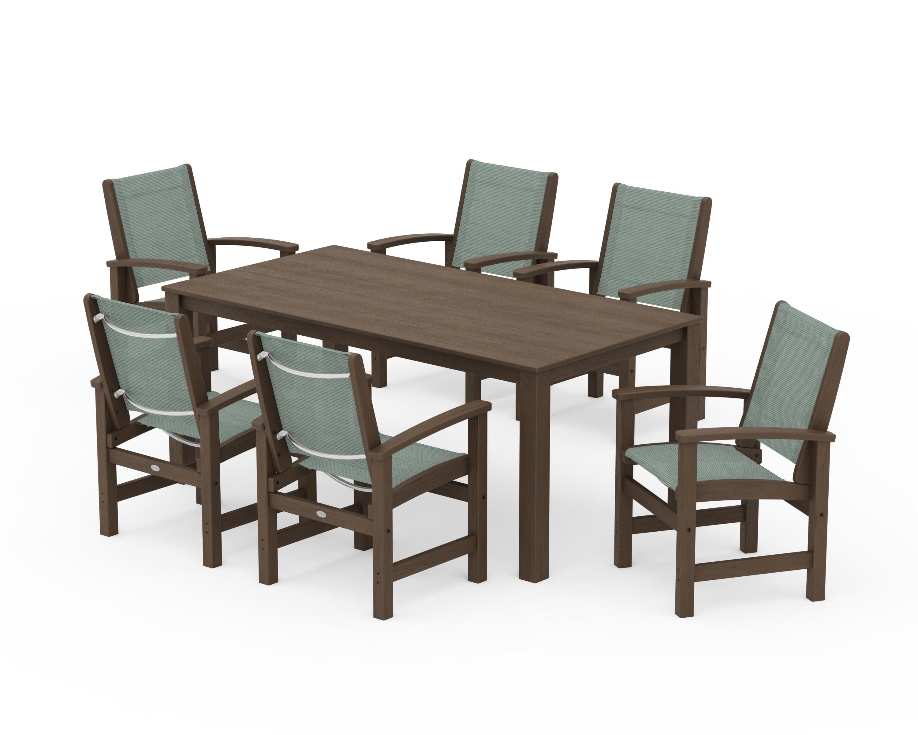 Coastal 7-Piece Parsons Dining Set in Kona / Dupioni Sea Mist Sling