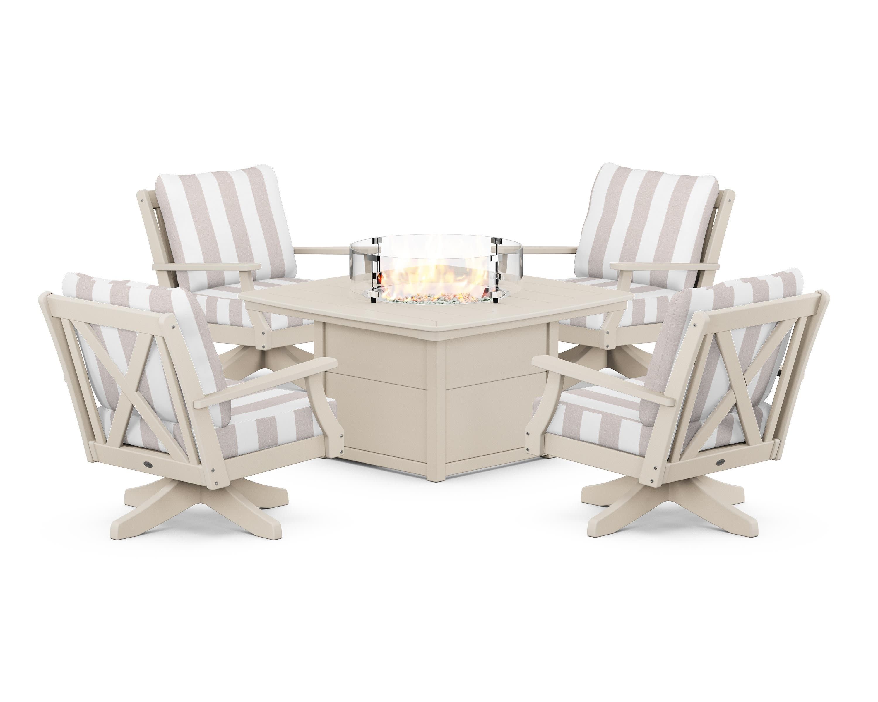 Braxton 5-Piece Deep Seating Swivel Conversation Set with Fire Pit Table in Sand / Cabana Stripe Dune Burlap