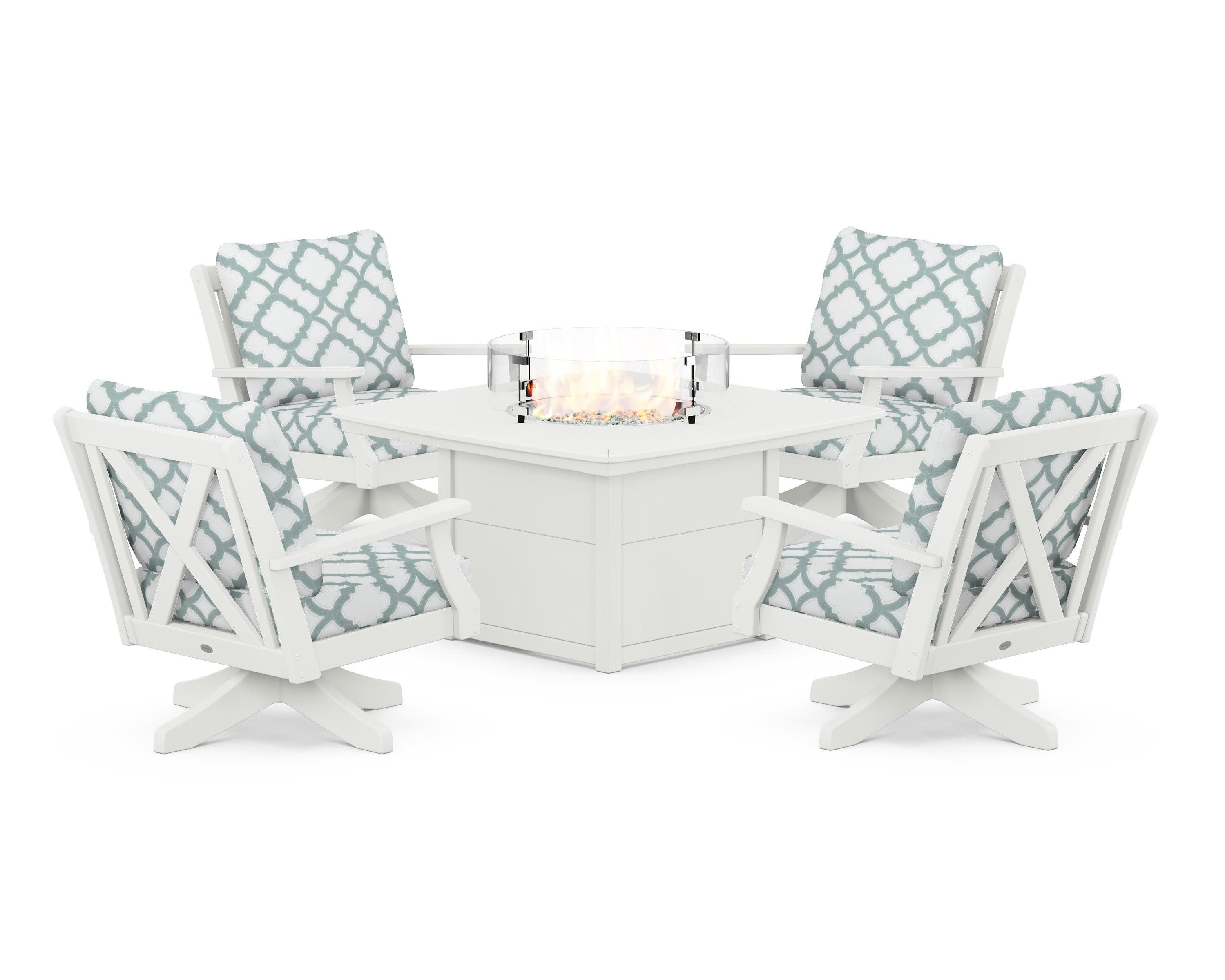 Braxton 5-Piece Deep Seating Swivel Conversation Set with Fire Pit Table in Vintage White / Trellis Glacier Spa