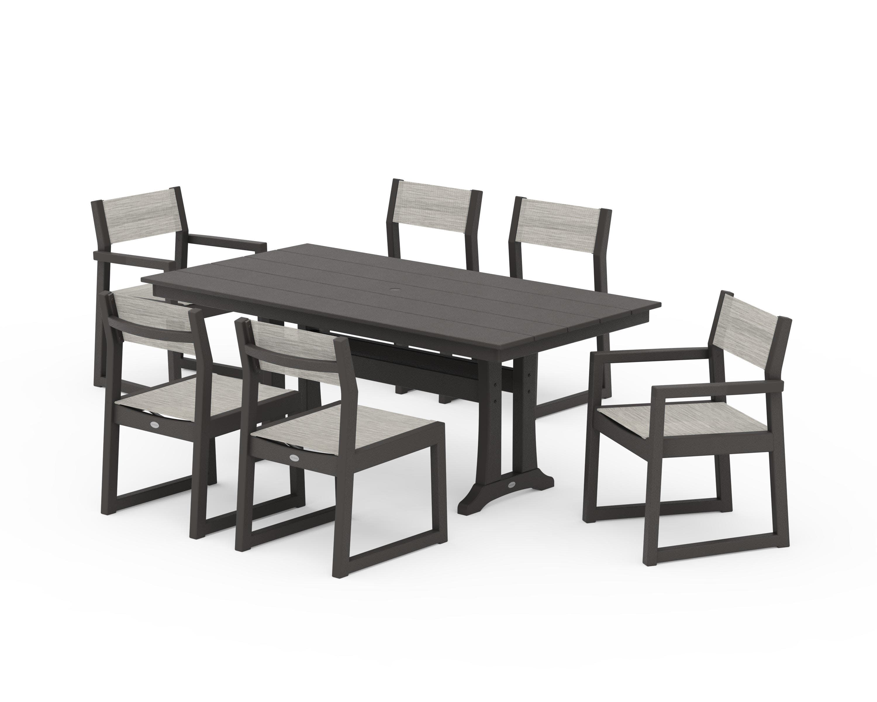EDGE Sling 7-Piece Farmhouse Trestle Dining Set in Vintage Coffee / Birch Sling
