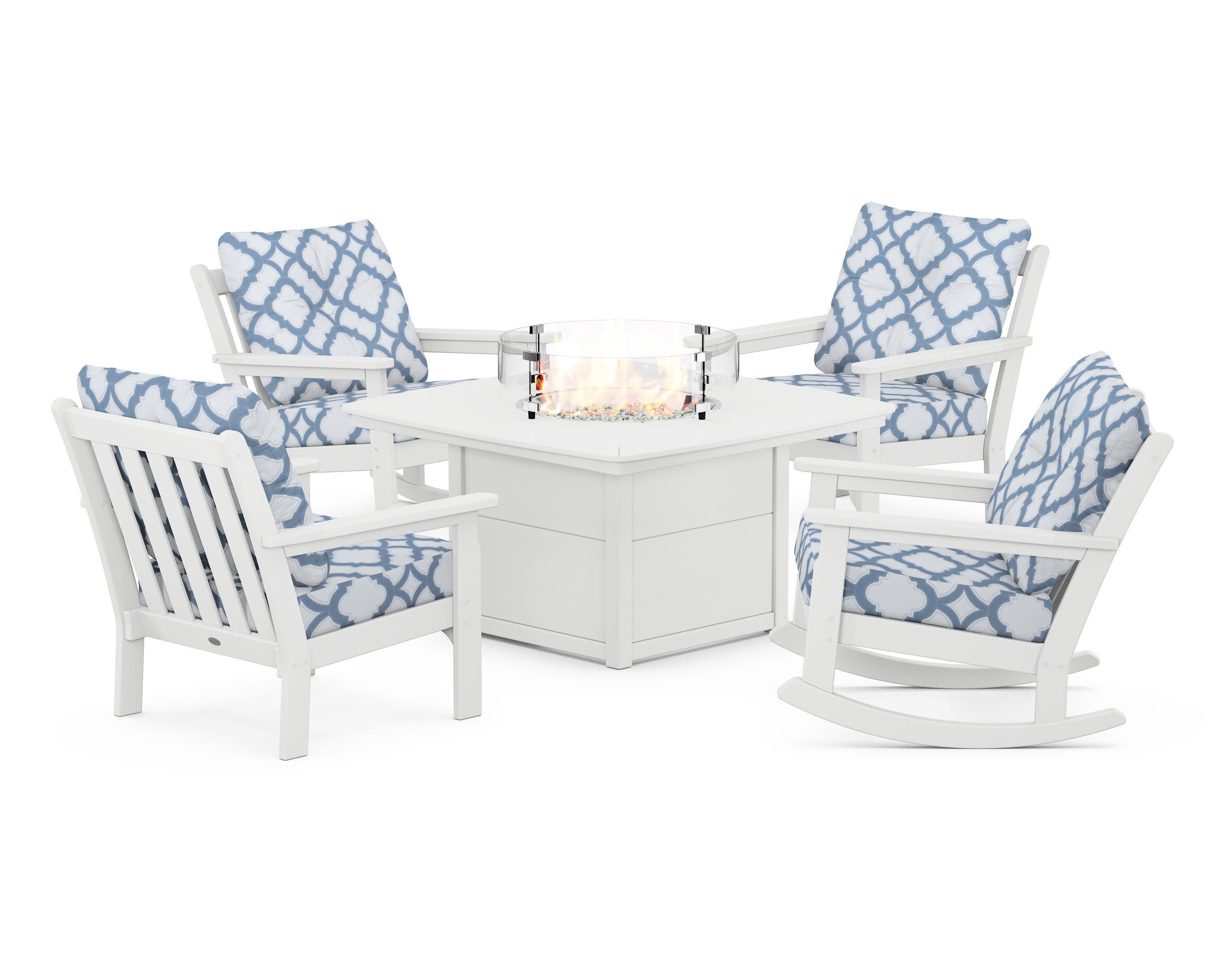 Vineyard 5-Piece Deep Seating Rocking Chair Conversation Set with Fire Pit Table in White / Trellis Sky Blue