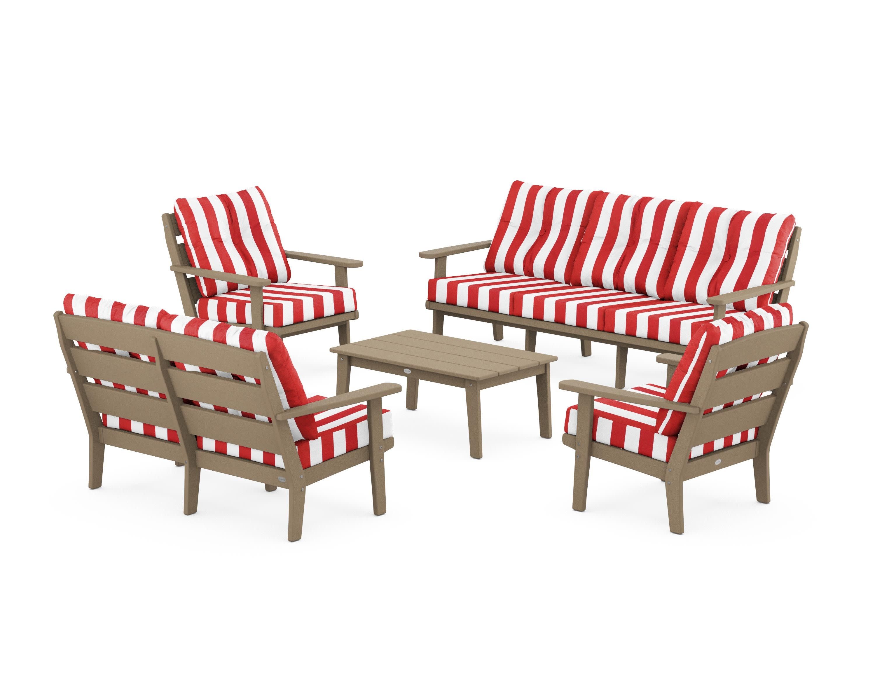Lakeside 5-Piece Lounge Sofa Set in Vintage Sahara / Cabana Stripe Crimson