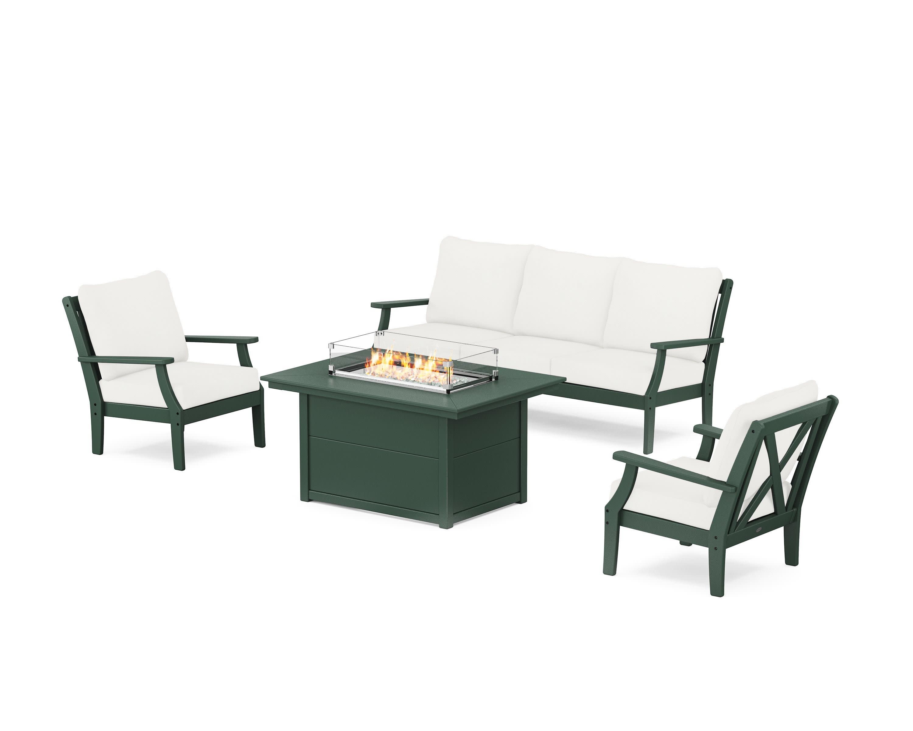 Braxton Deep Seating Fire Pit Table Set in Green / Natural Linen