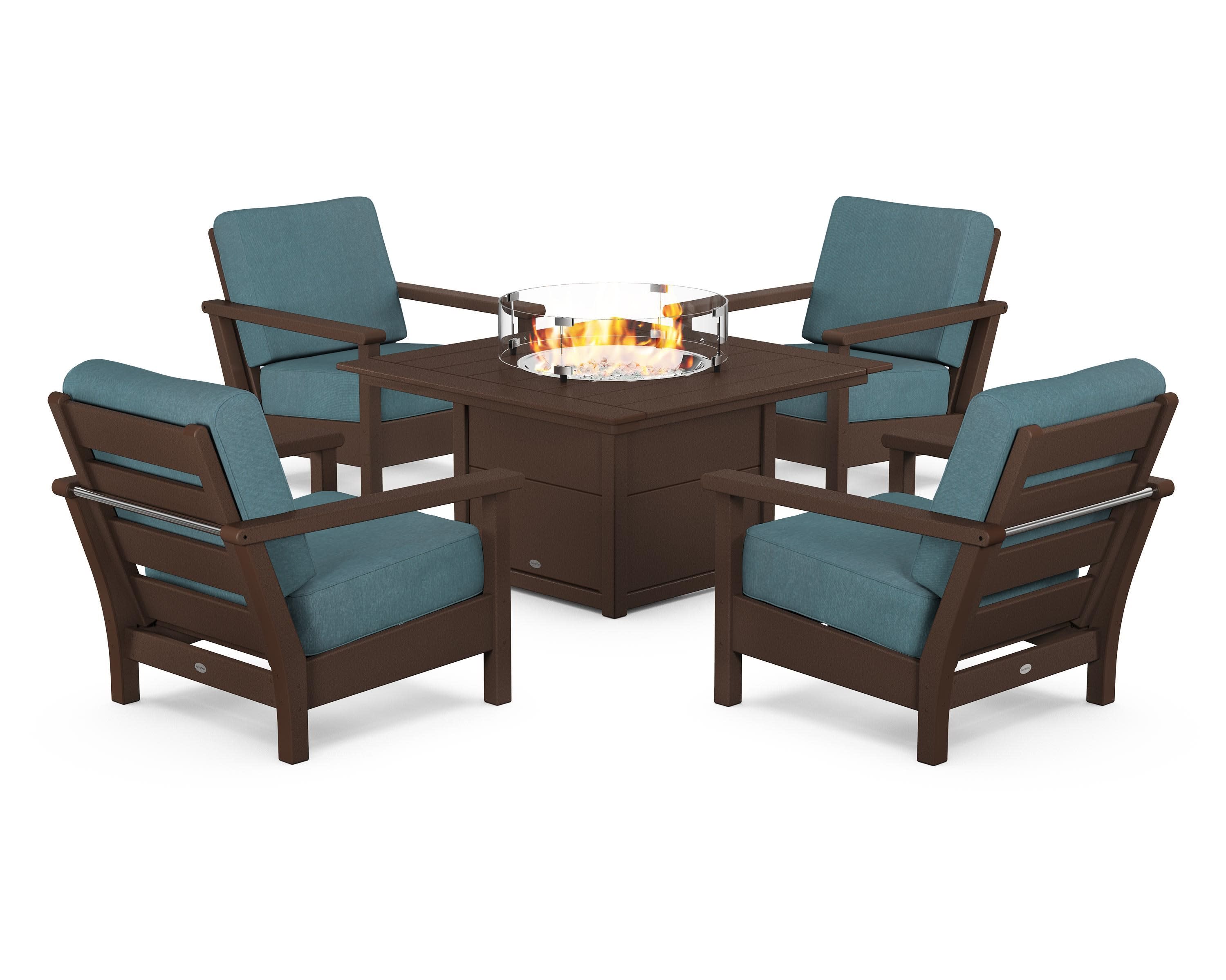 Harbour 5-Piece Conversation Set with Fire Pit Table in Mahogany / Ocean Teal