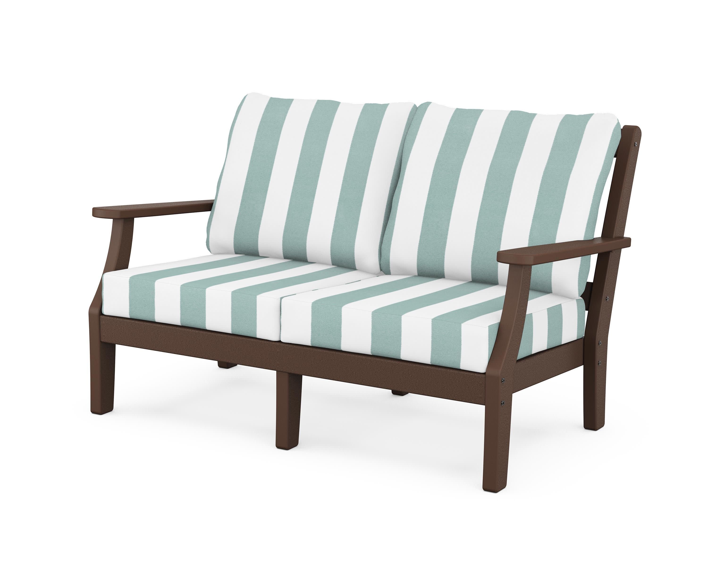 Chinoiserie Deep Seating Loveseat in Mahogany / Cabana Stripe Glacier Spa