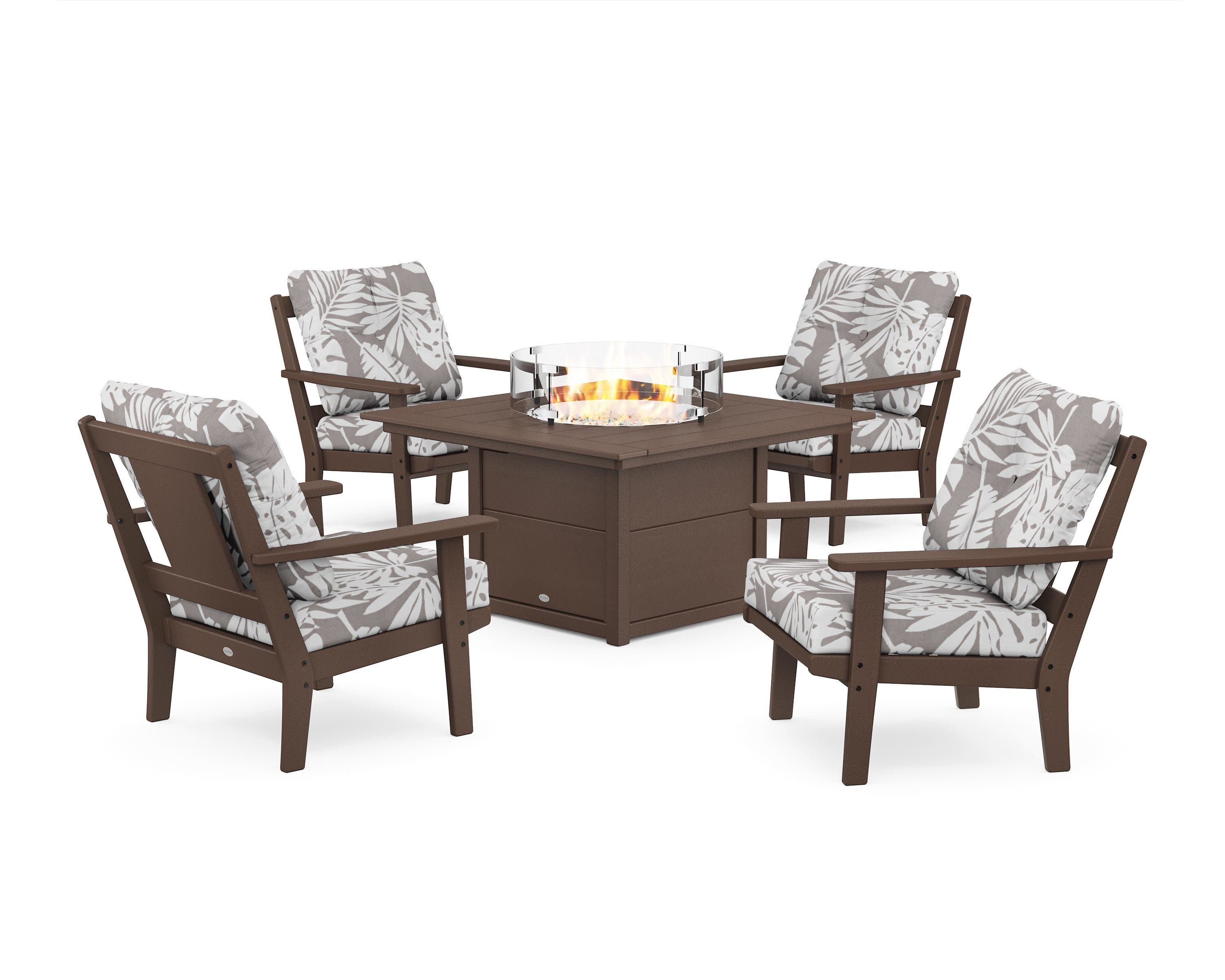 Prairie 5-Piece Deep Seating Set with Fire Pit Table in Mahogany / Leaf Grey Mist