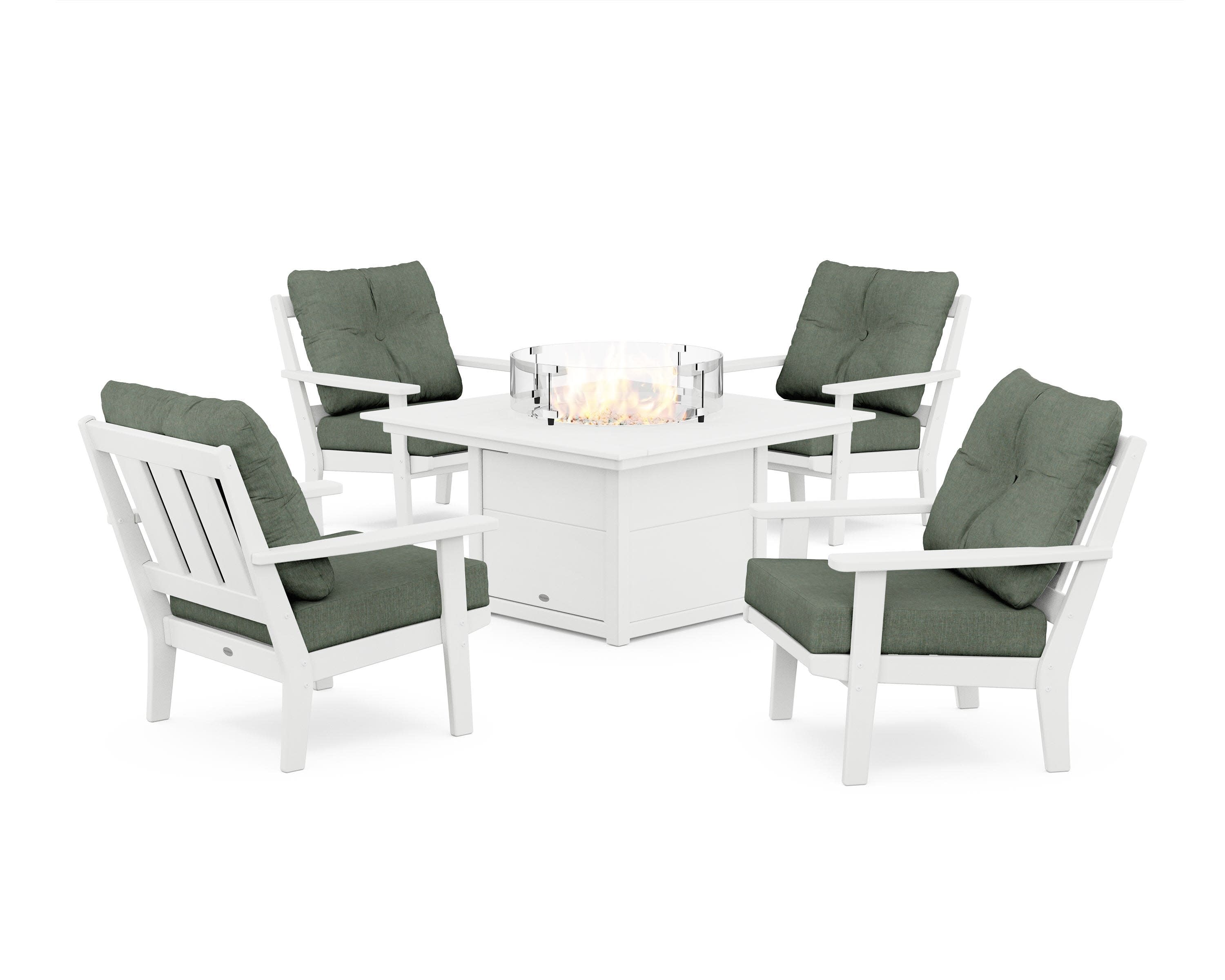 Oxford 5-Piece Deep Seating Set with Fire Pit Table in White / Cast Sage