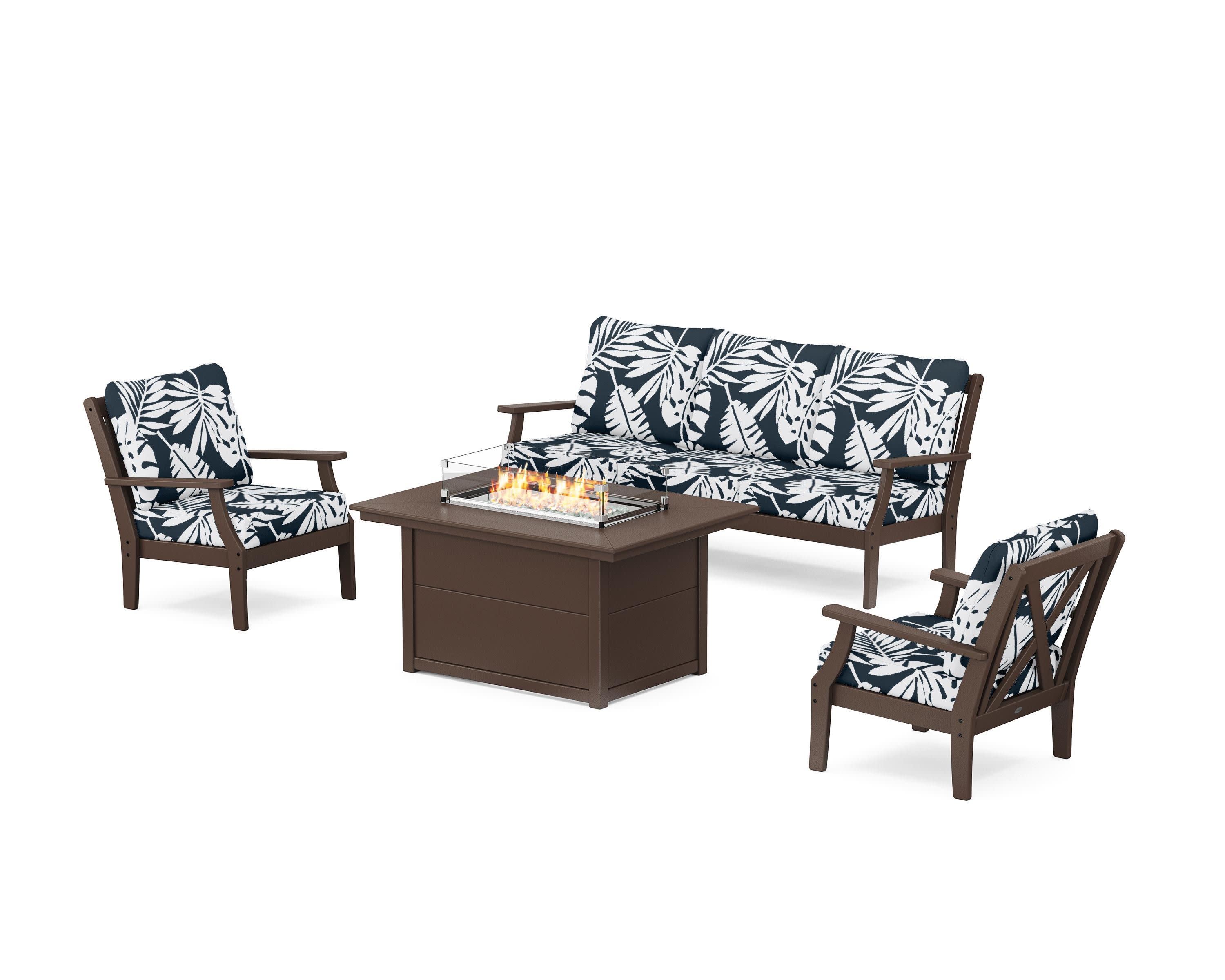 Braxton Deep Seating Fire Pit Table Set in Mahogany / Leaf Marine Indigo