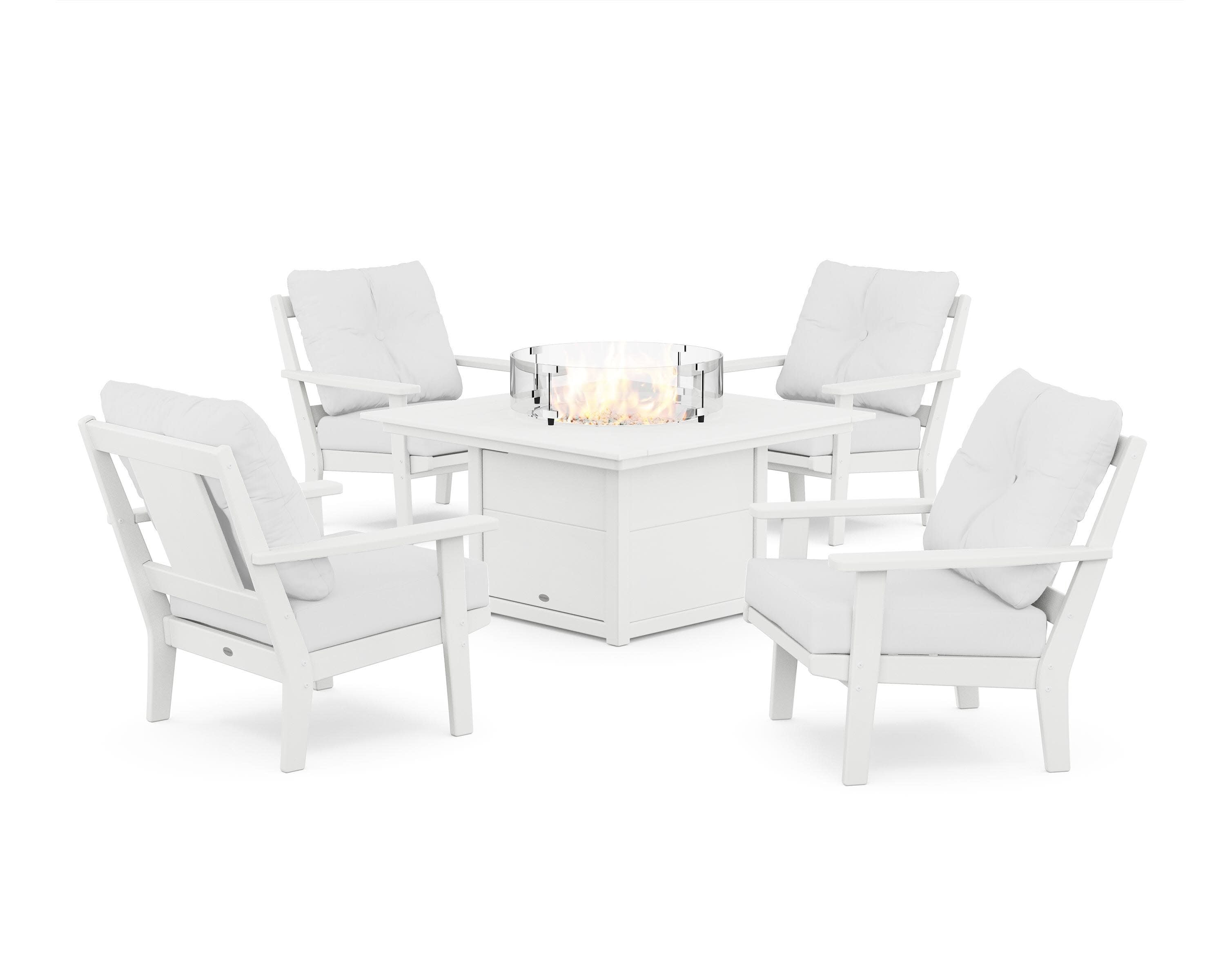 Prairie 5-Piece Deep Seating Set with Fire Pit Table in White / Natural