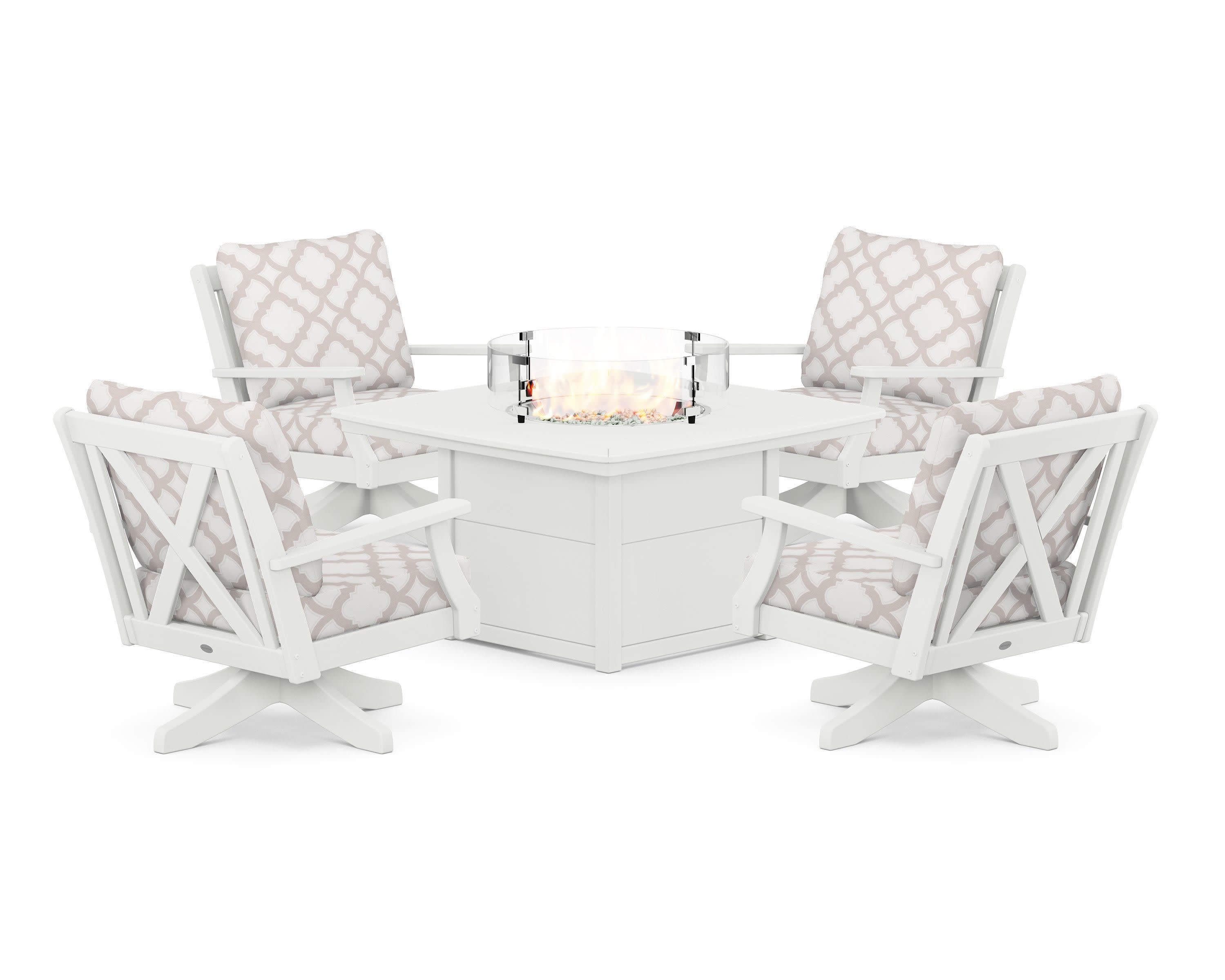 Braxton 5-Piece Deep Seating Swivel Conversation Set with Fire Pit Table in Vintage White / Trellis Dune Burlap