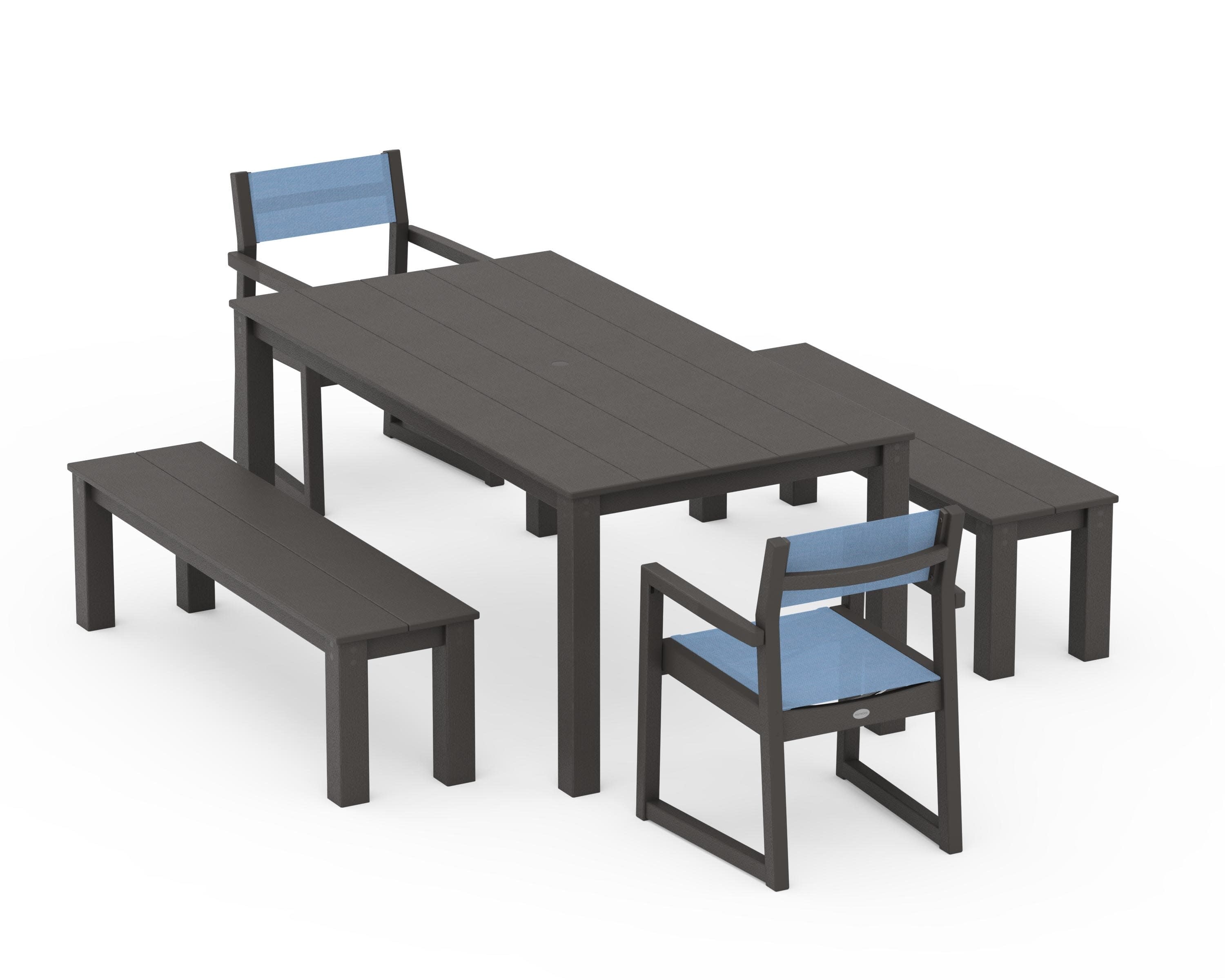 EDGE Sling Arm Chair 5-Piece Parsons Dining Set with Benches in Vintage Coffee / Poolside Sling