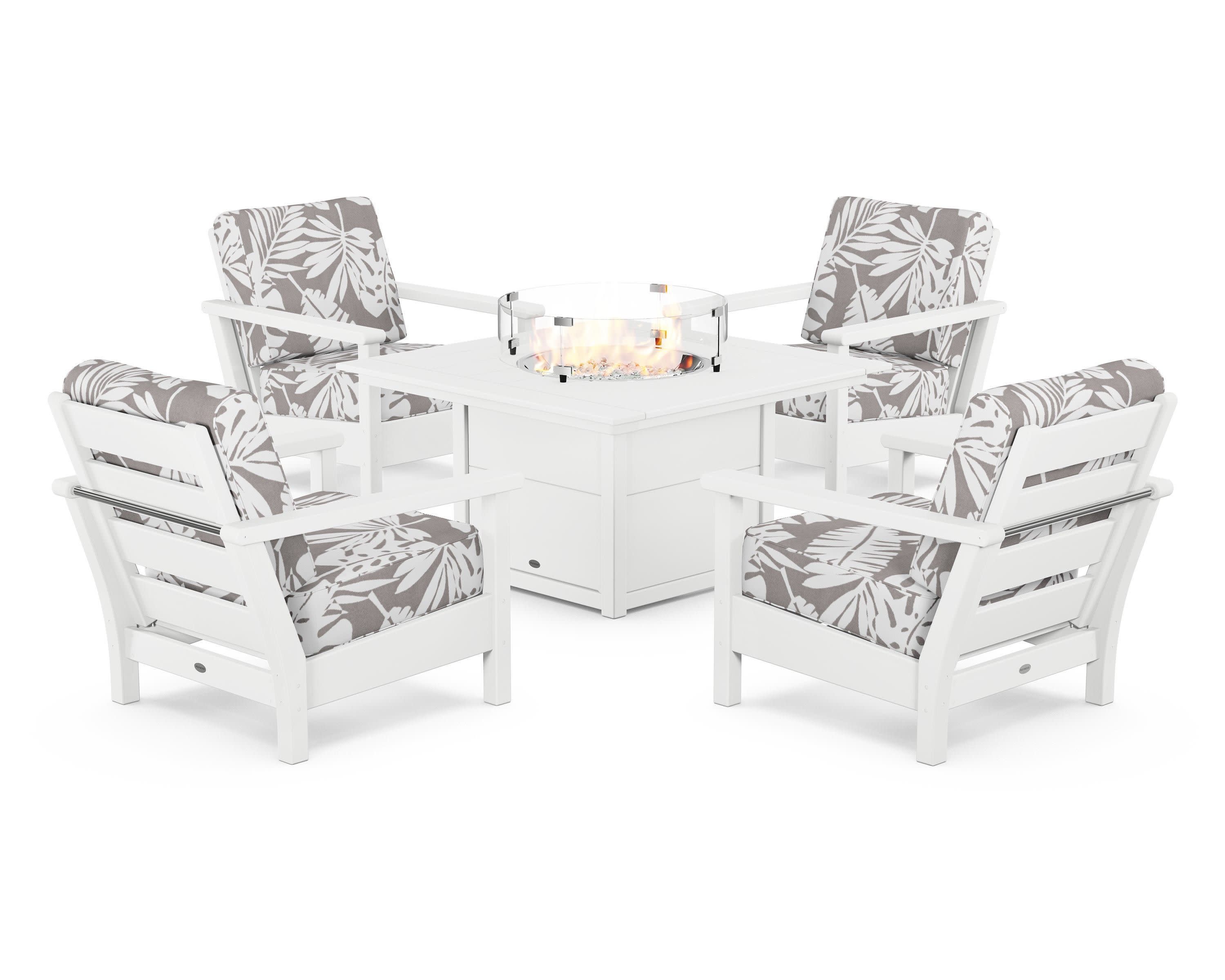 Harbour 5-Piece Conversation Set with Fire Pit Table in White / Leaf Grey Mist