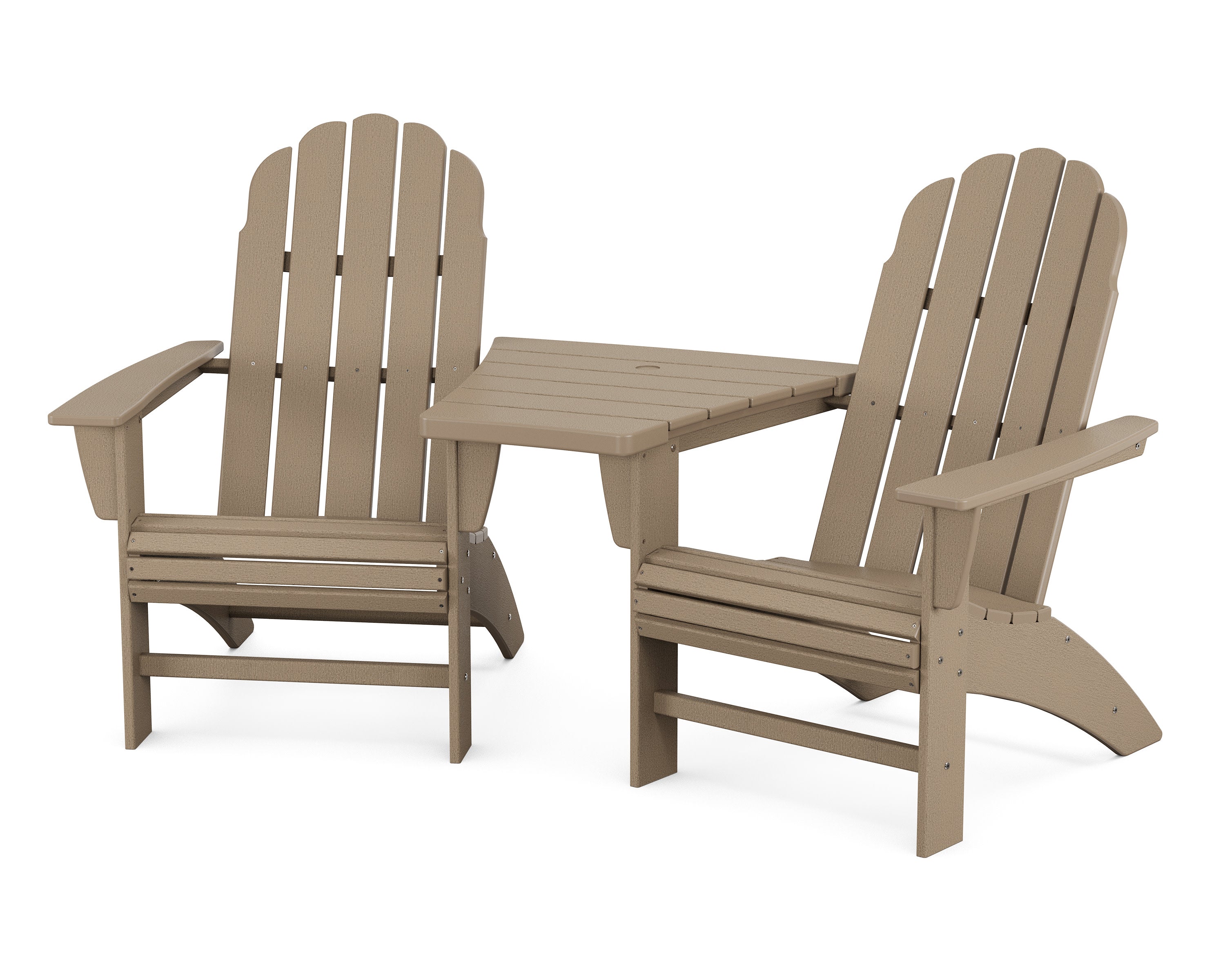 Vineyard 3-Piece Curveback Adirondack Set with Angled Connecting Table in Vintage Sahara