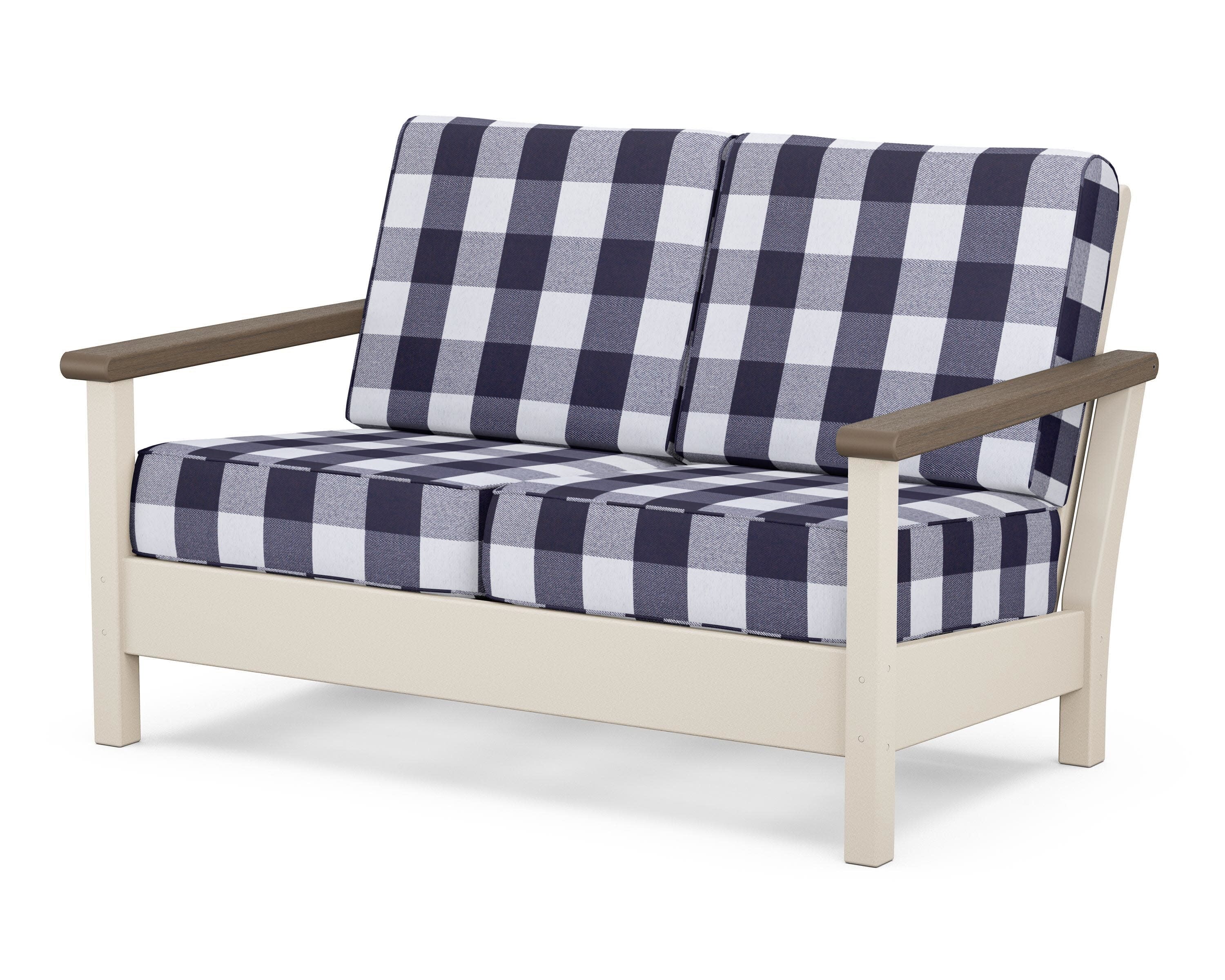 Harbour Deep Seating Loveseat in Sand / Kona / Buffalo Plaid Navy