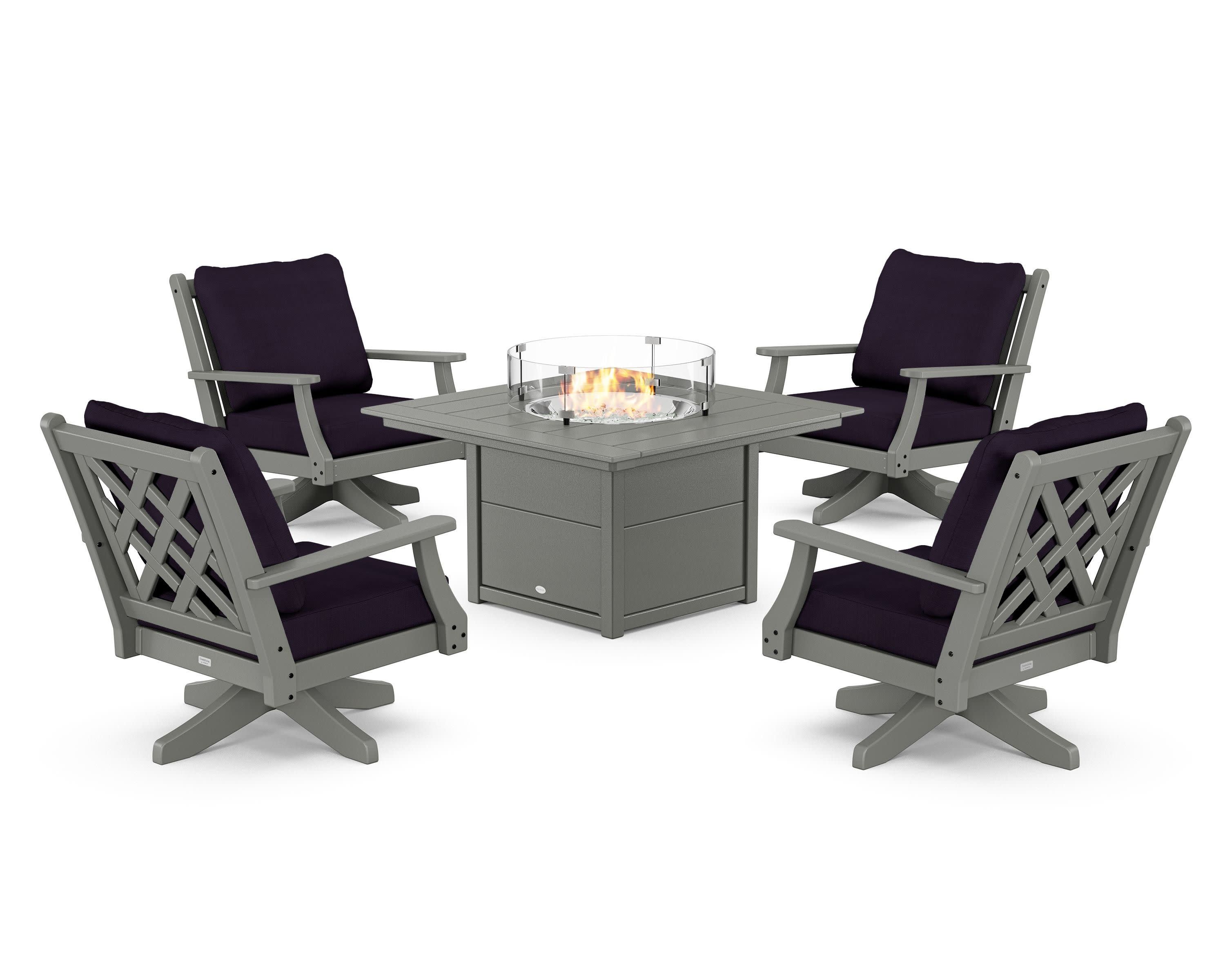 Wovendale 5-Piece Deep Seating Swivel Conversation Set with Fire Pit Table in Slate Grey / Navy Linen