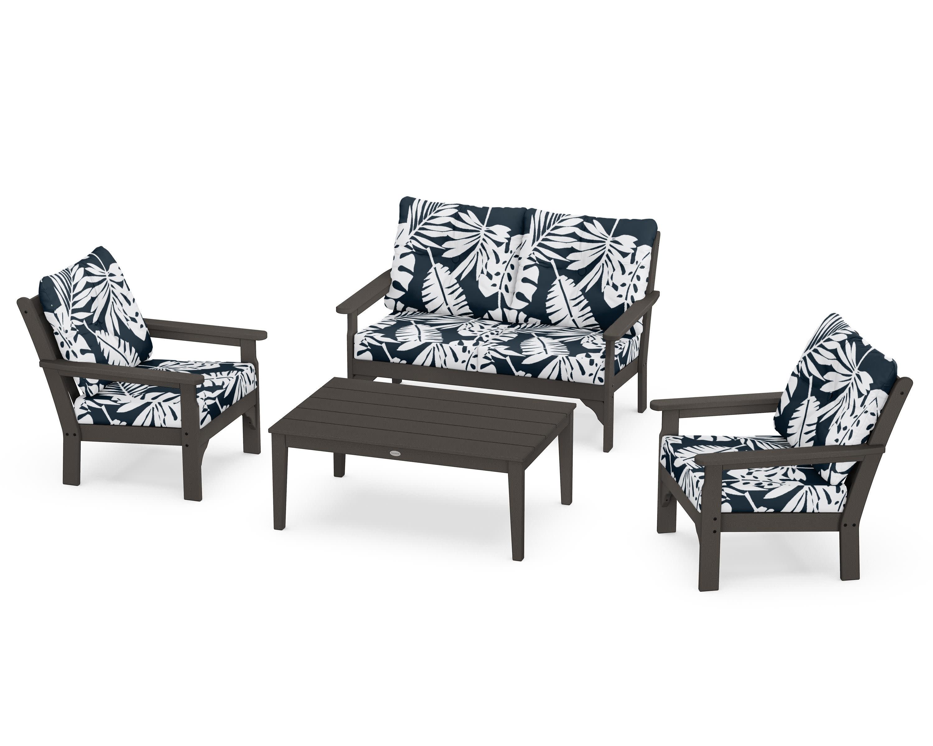 Vineyard 4-Piece Deep Seating Set in Vintage Coffee / Leaf Marine Indigo