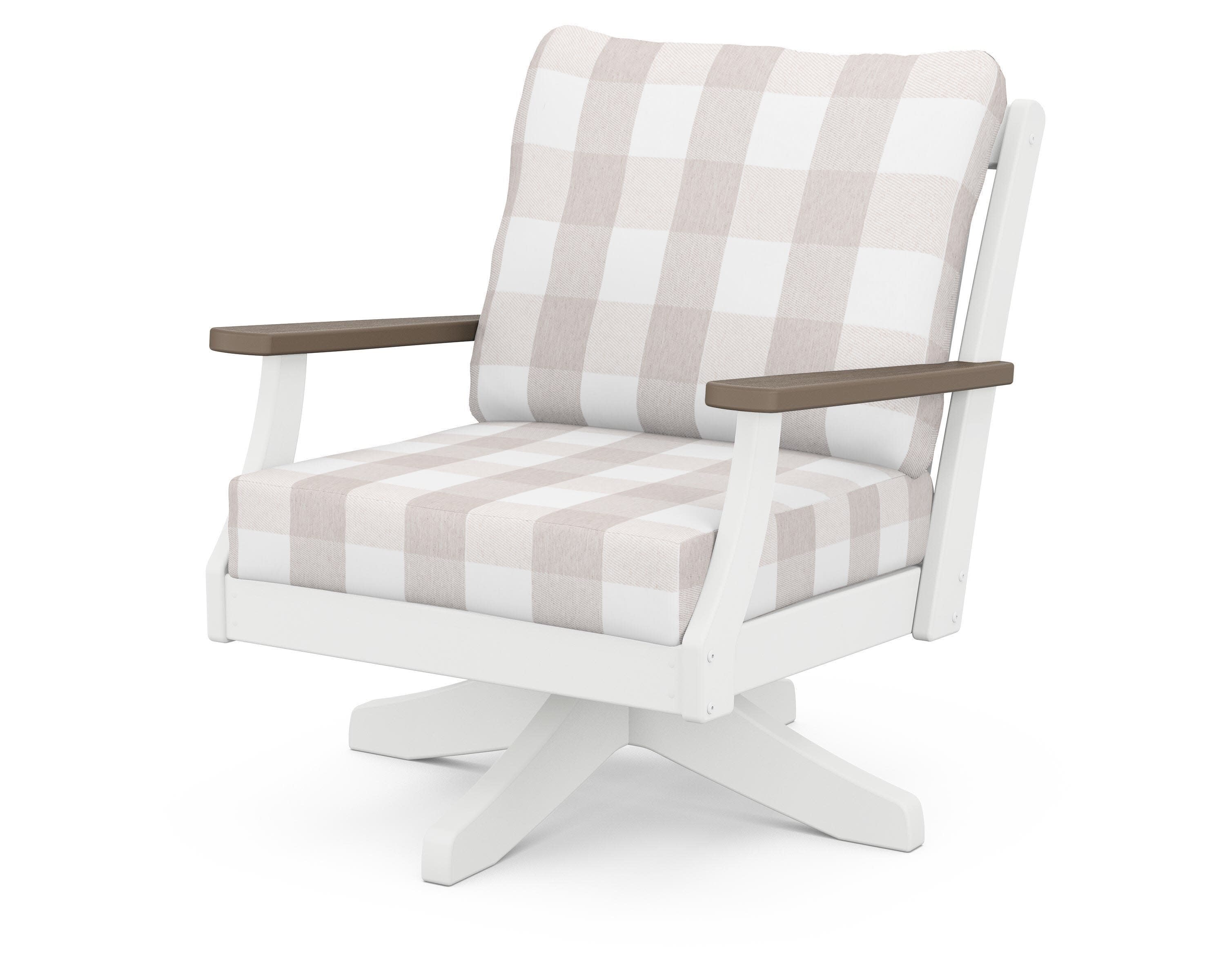 Braxton Deep Seating Swivel Chair in White / Kona / Buffalo Plaid Dune Burlap