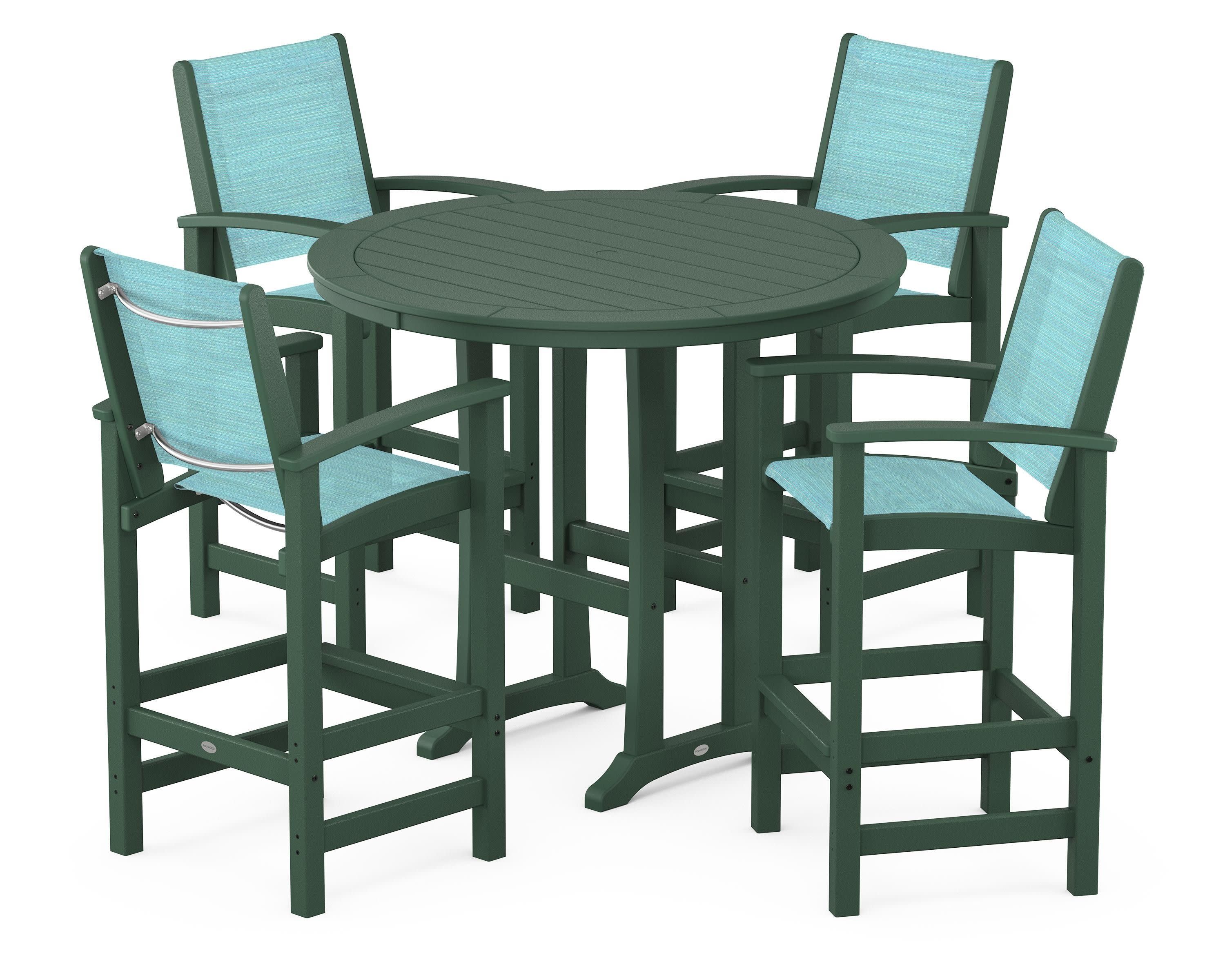 Coastal 5-Piece Nautical Trestle Bar Set in Green / Dupioni Aquamarine Sling