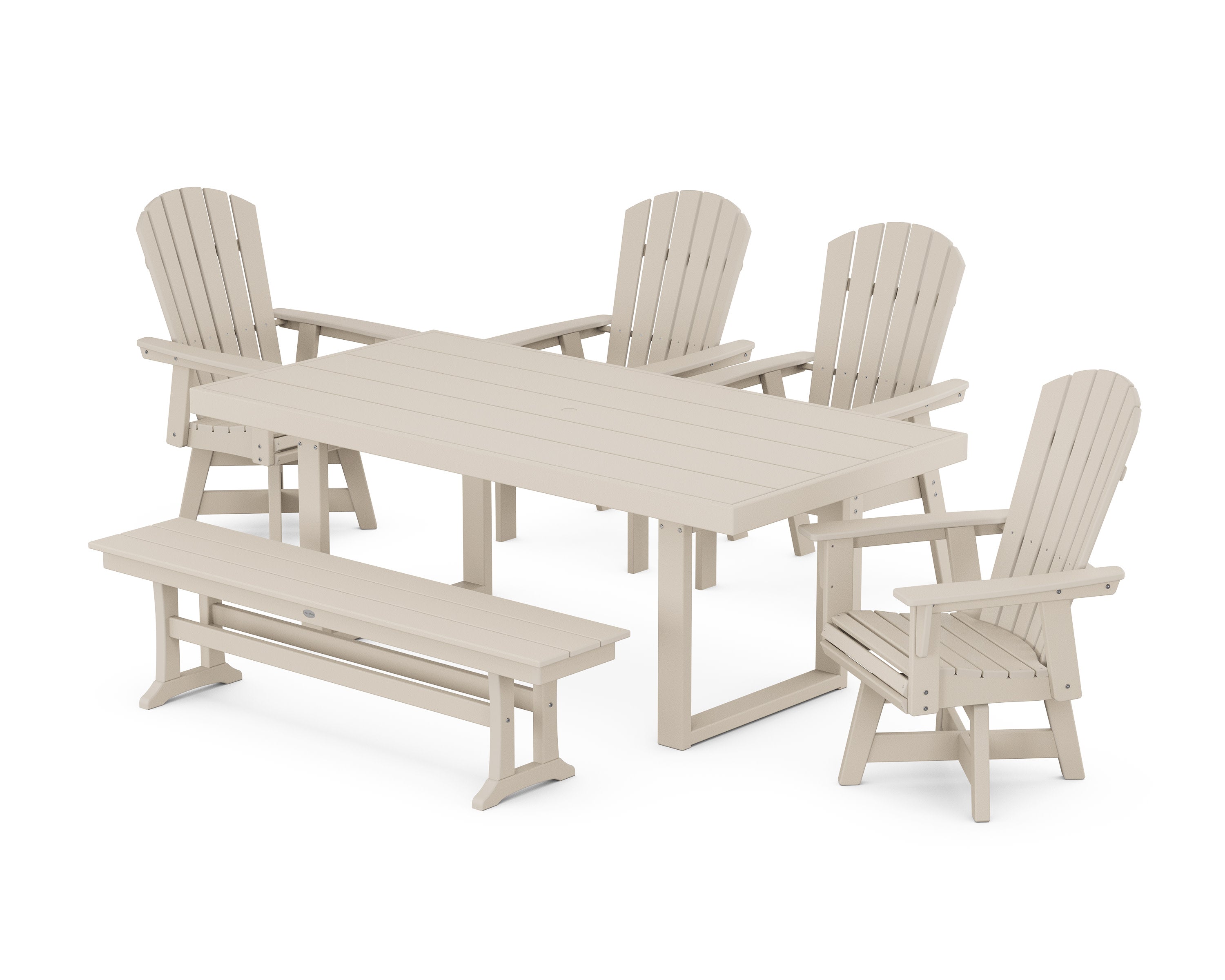 Nautical Curveback Adirondack Swivel Chair 6-Piece Dining Set with Bench in Sand