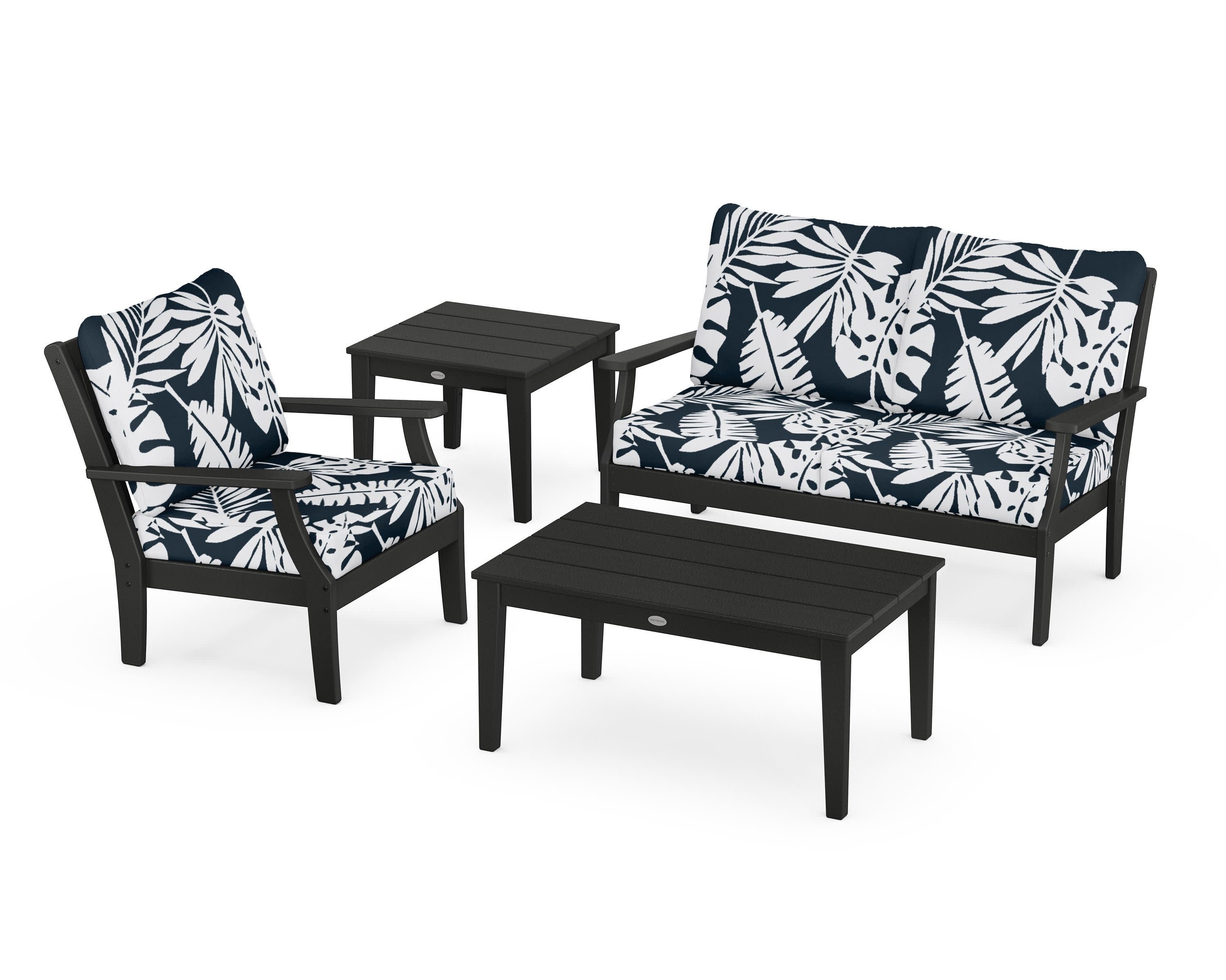 Braxton 4-Piece Deep Seating Set in Black / Leaf Marine Indigo