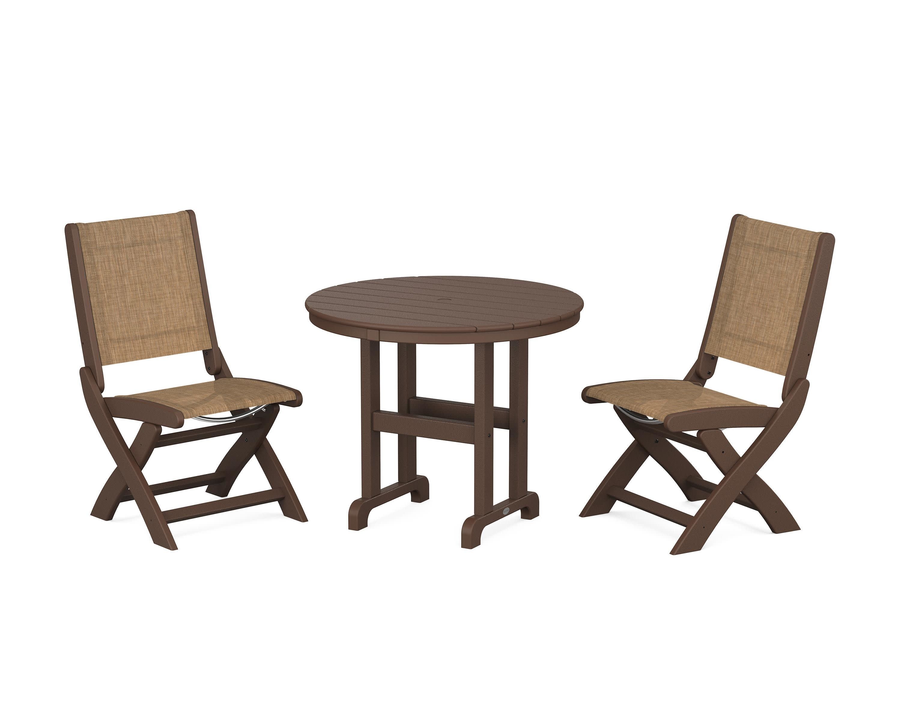 Coastal Folding Side Chair 3-Piece Round Dining Set in Mahogany / Burlap Sling