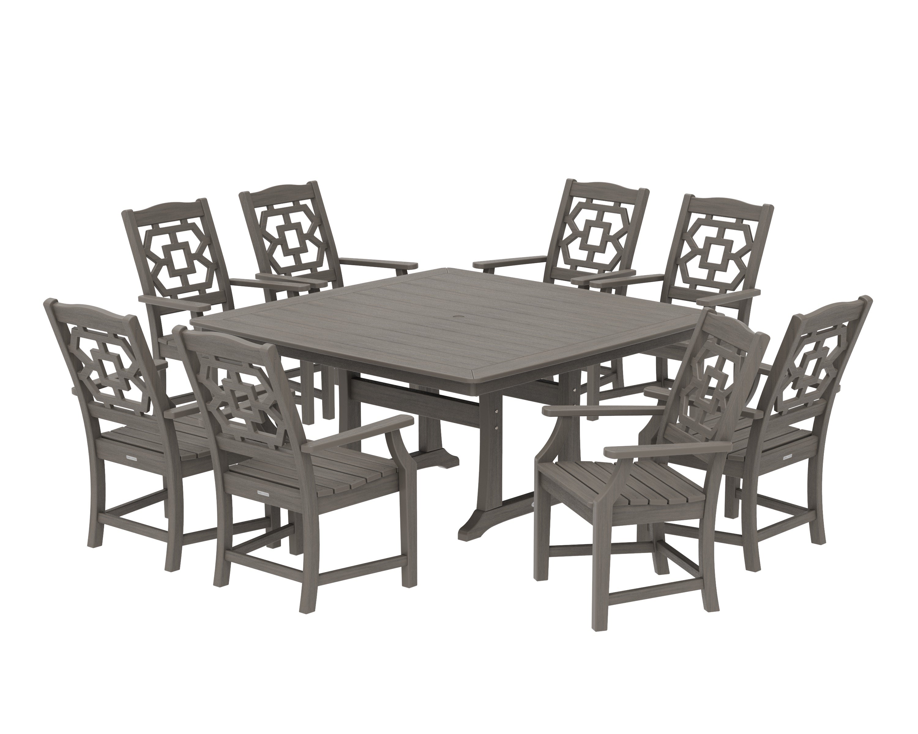 Chinoiserie 9-Piece Square Dining Set with Trestle Legs in Driftwood