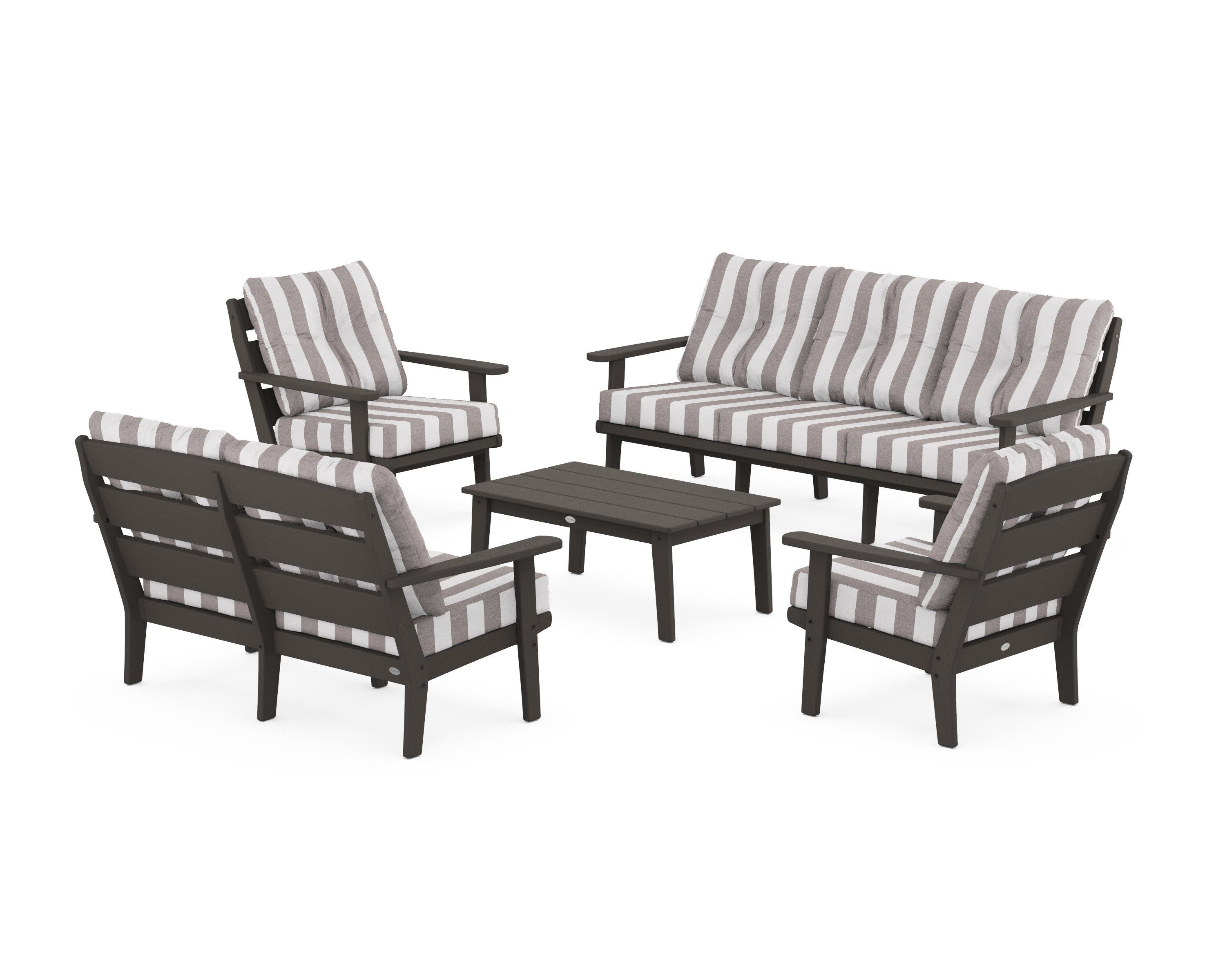 Lakeside 5-Piece Lounge Sofa Set in Vintage Coffee / Cabana Stripe Grey Mist
