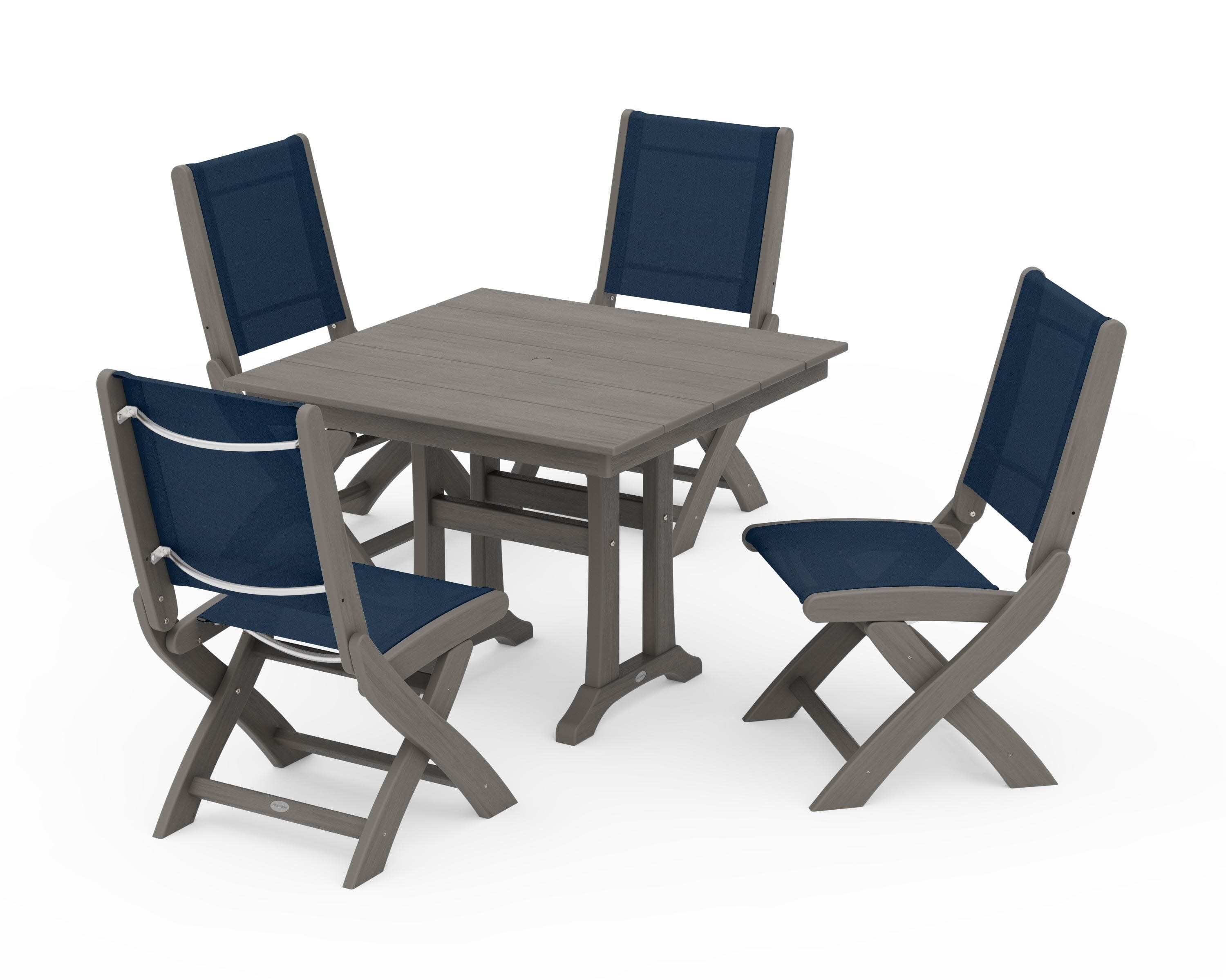 Coastal Folding Side Chair 5-Piece Farmhouse Dining Set With Trestle Legs in Driftwood / Navy Blue Sling