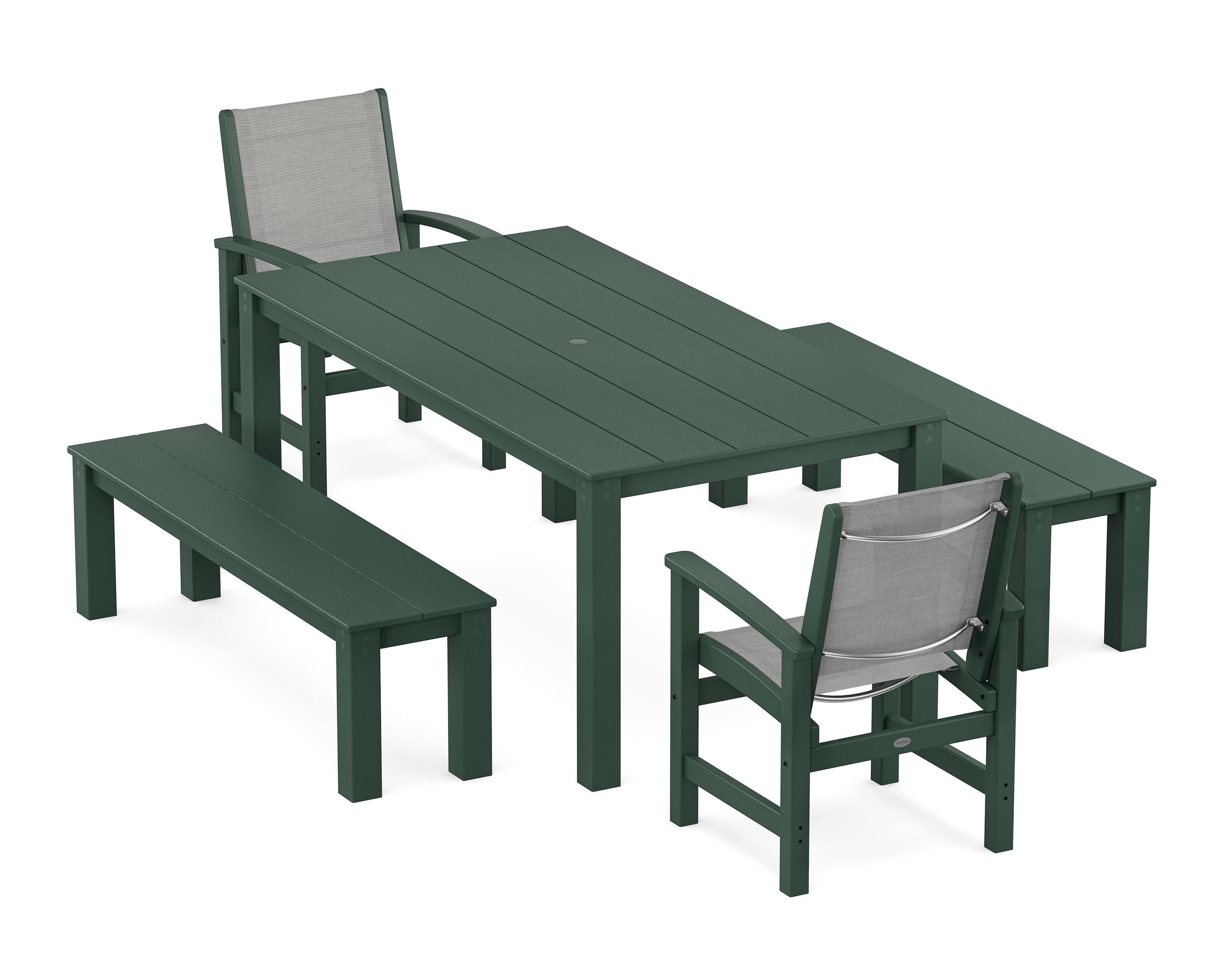 Coastal 5-Piece Parsons Dining Set with Benches in Green / Metallic Sling