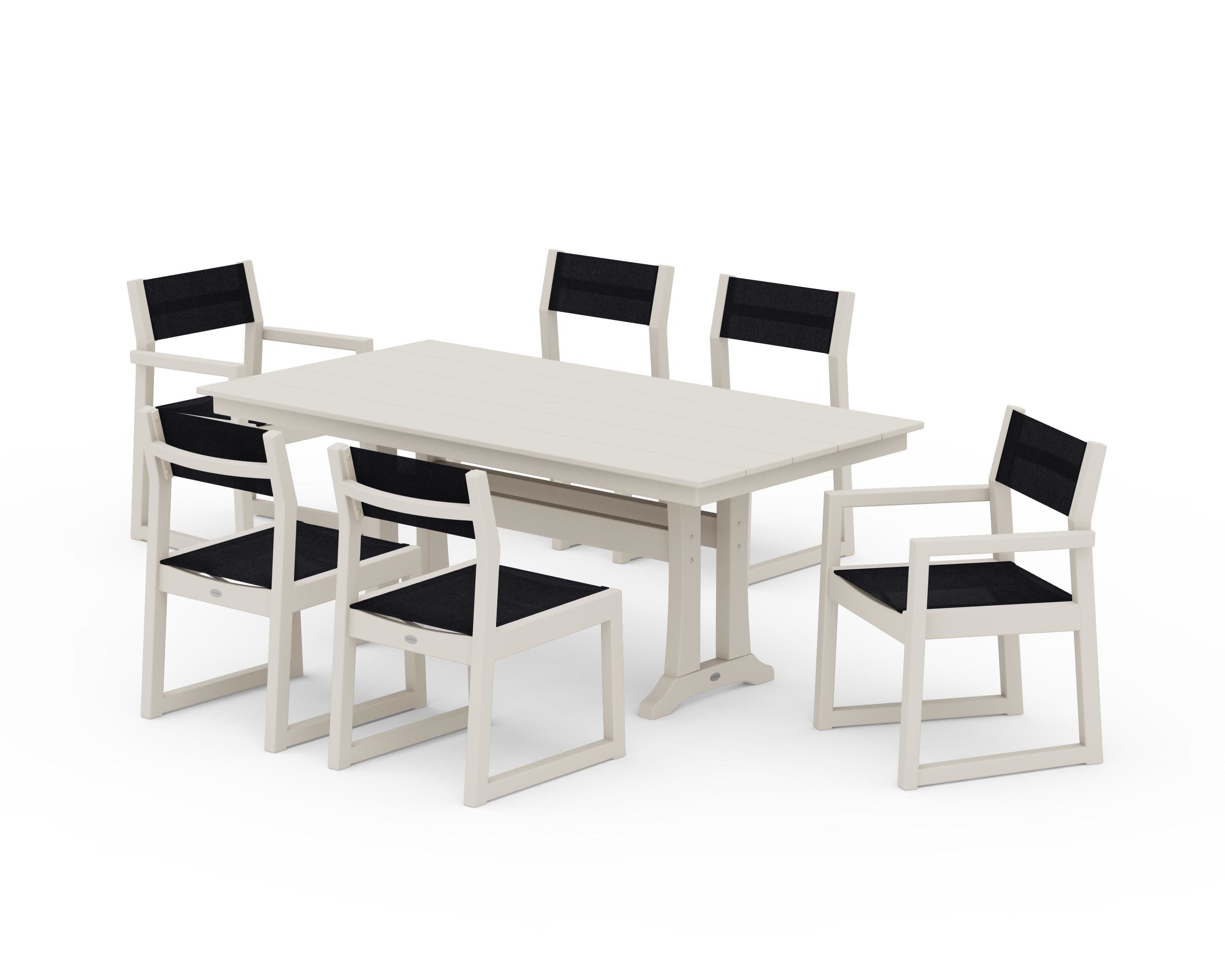 EDGE Sling 7-Piece Farmhouse Trestle Dining Set in Sand / Black Sling
