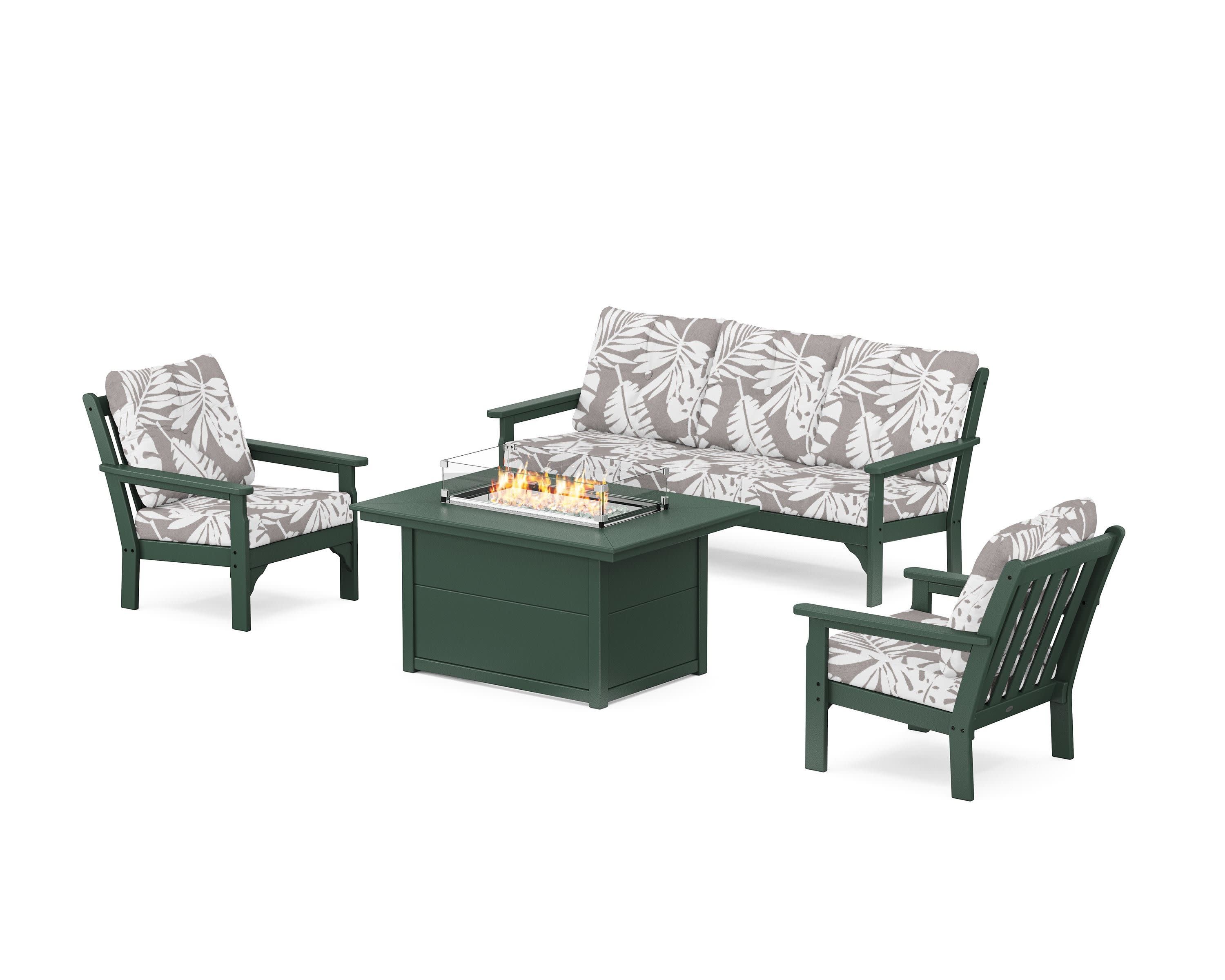 Vineyard Deep Seating Fire Pit Table Set in Green / Leaf Grey Mist