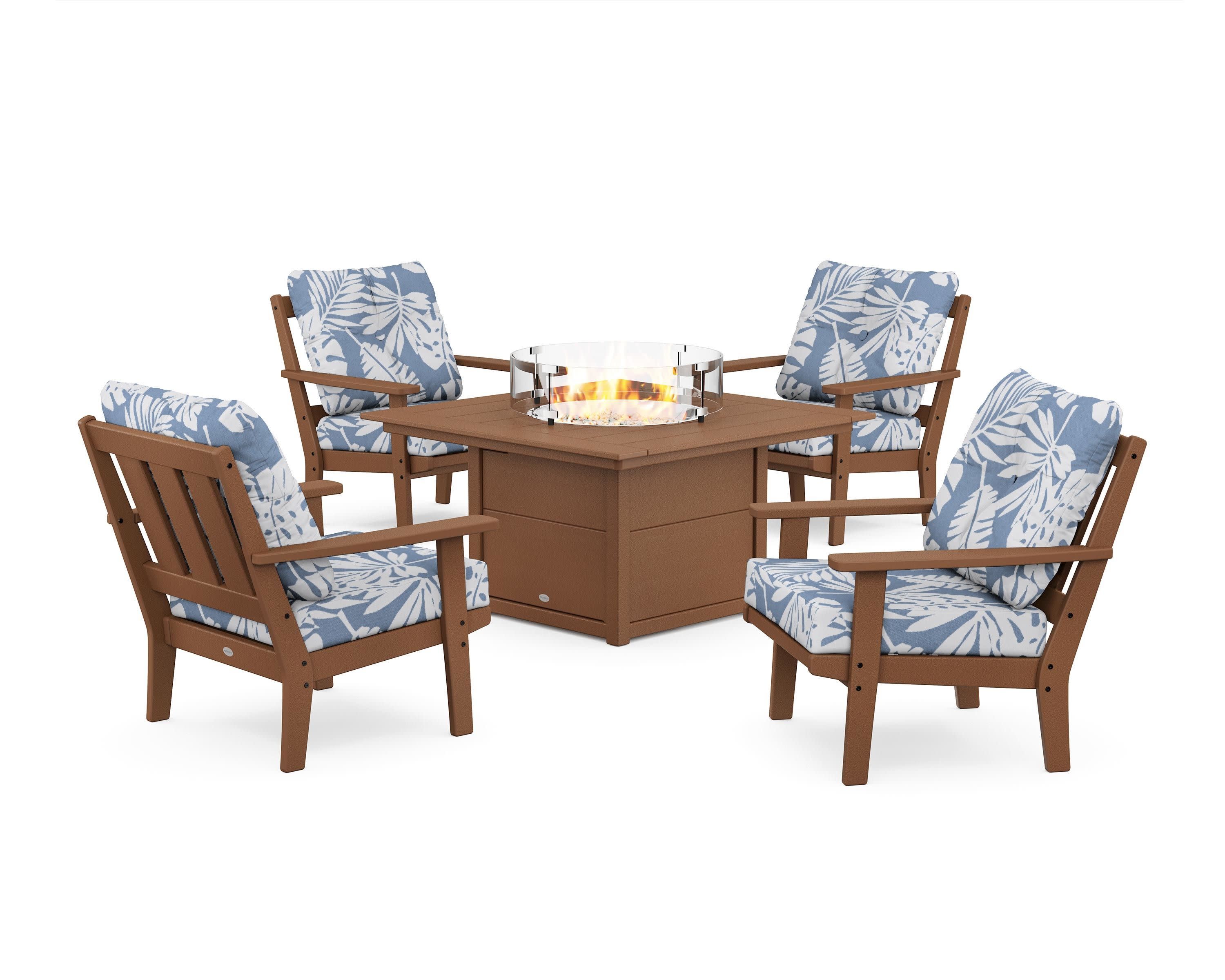 Oxford 5-Piece Deep Seating Set with Fire Pit Table in Teak / Leaf Sky Blue