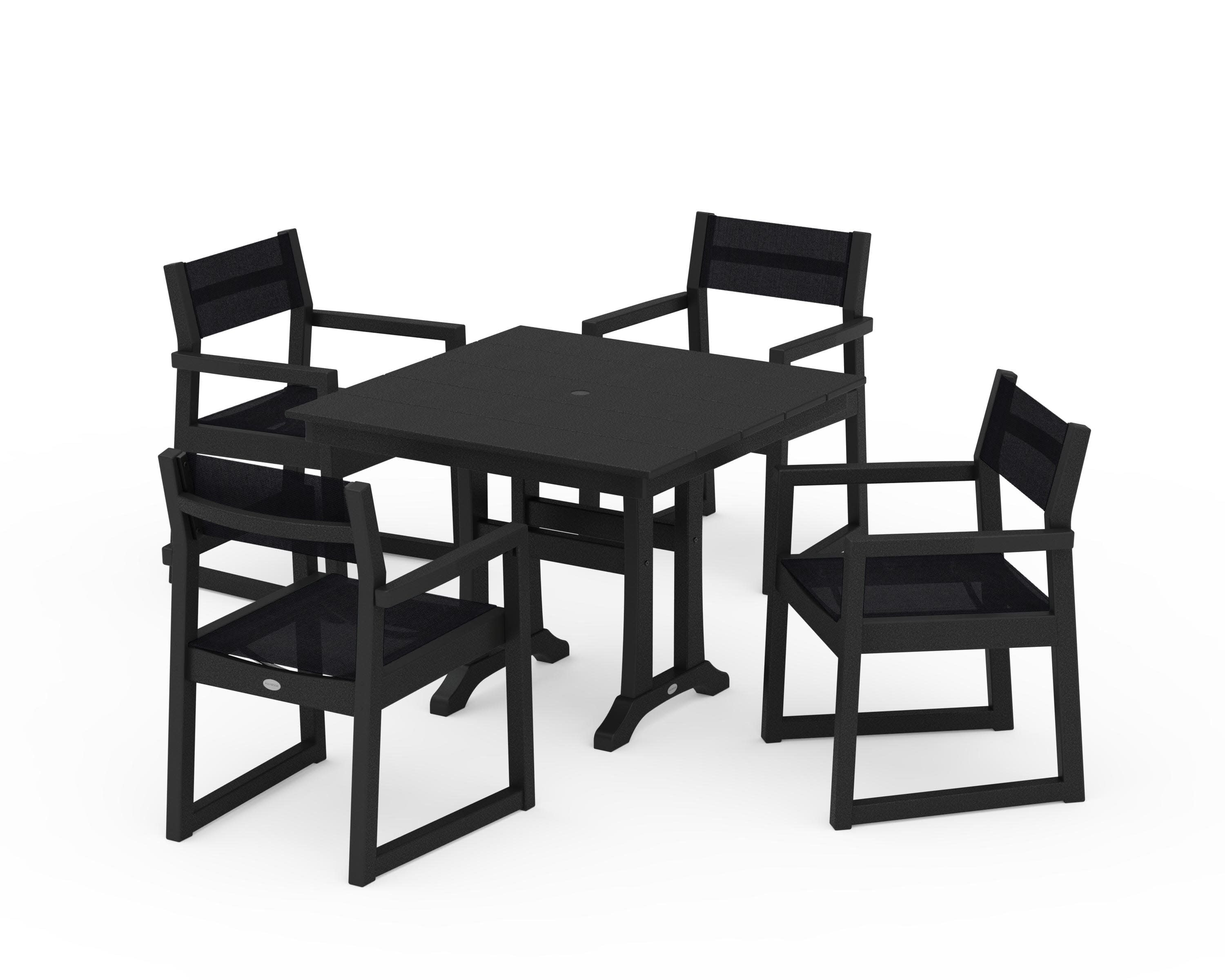 EDGE Sling 5-Piece Farmhouse Dining Set with Trestle Legs in Black / Black Sling