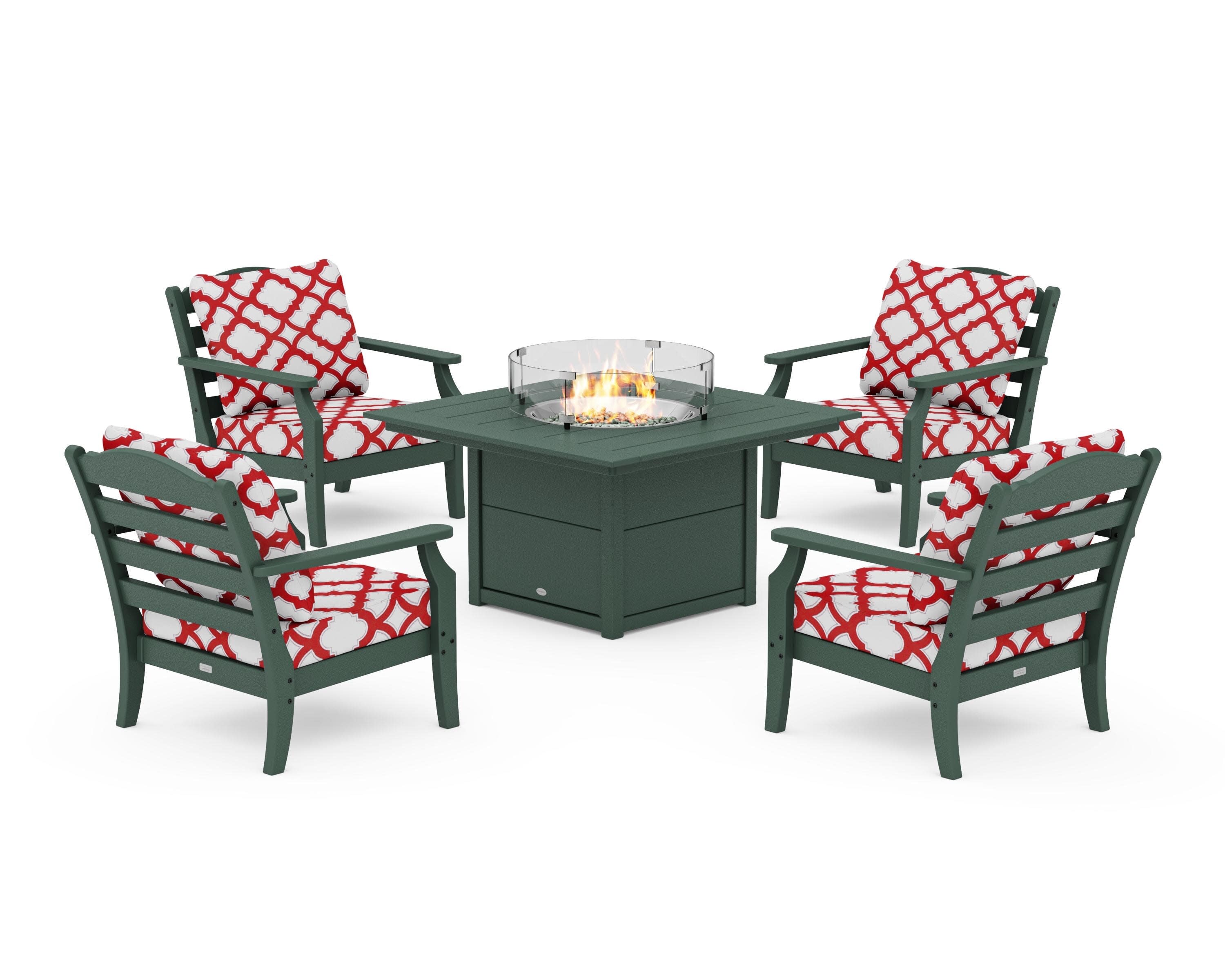 Savannah 5-Piece Deep Seating Set with Fire Pit Table in Green / Trellis Crimson
