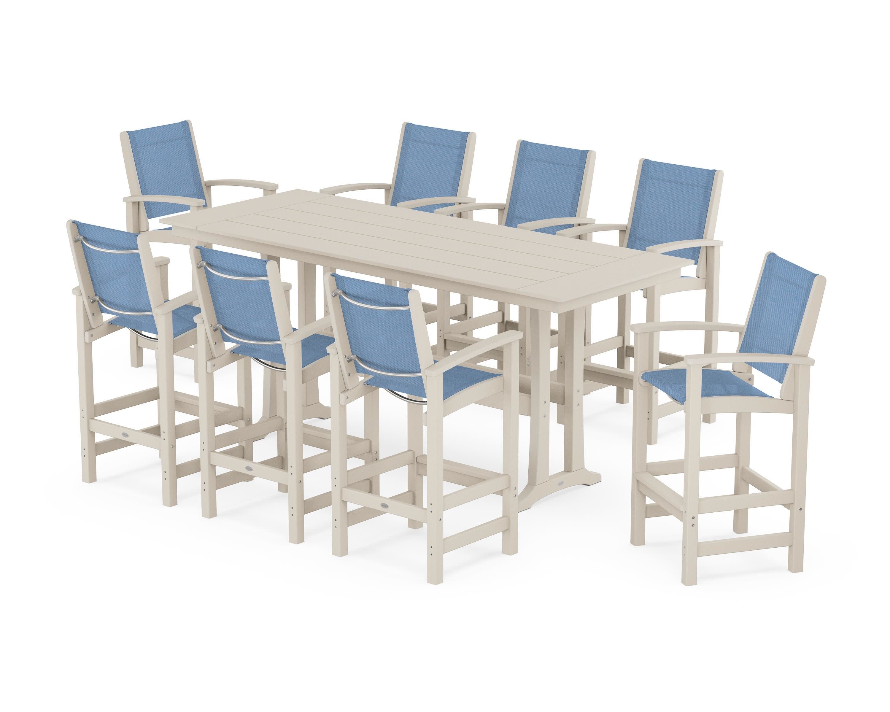 Coastal 9-Piece Farmhouse Bar Set with Trestle Legs in Sand / Poolside Sling