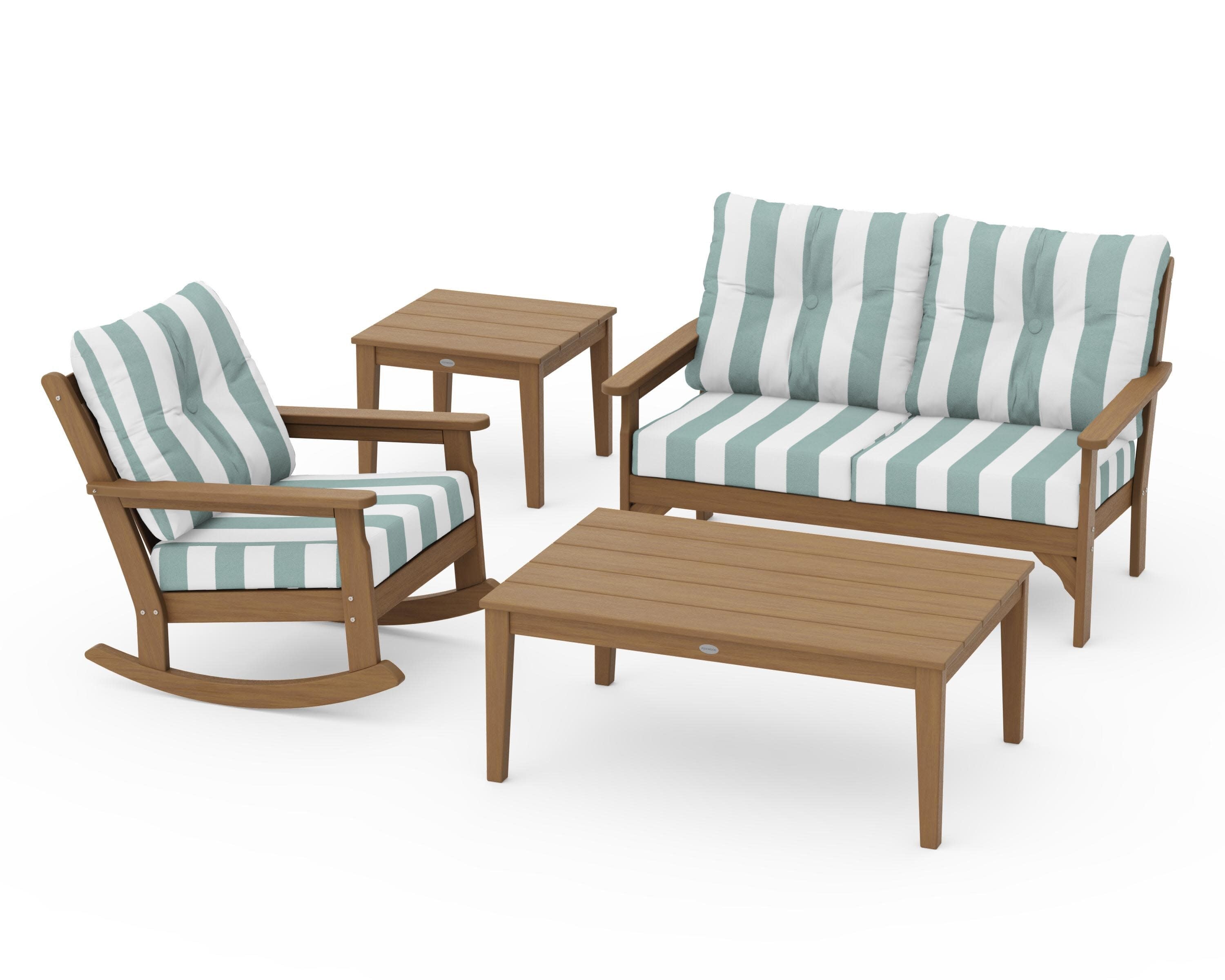 Vineyard 4-Piece Deep Seating Rocker Set in Natural / Cabana Stripe Glacier Spa