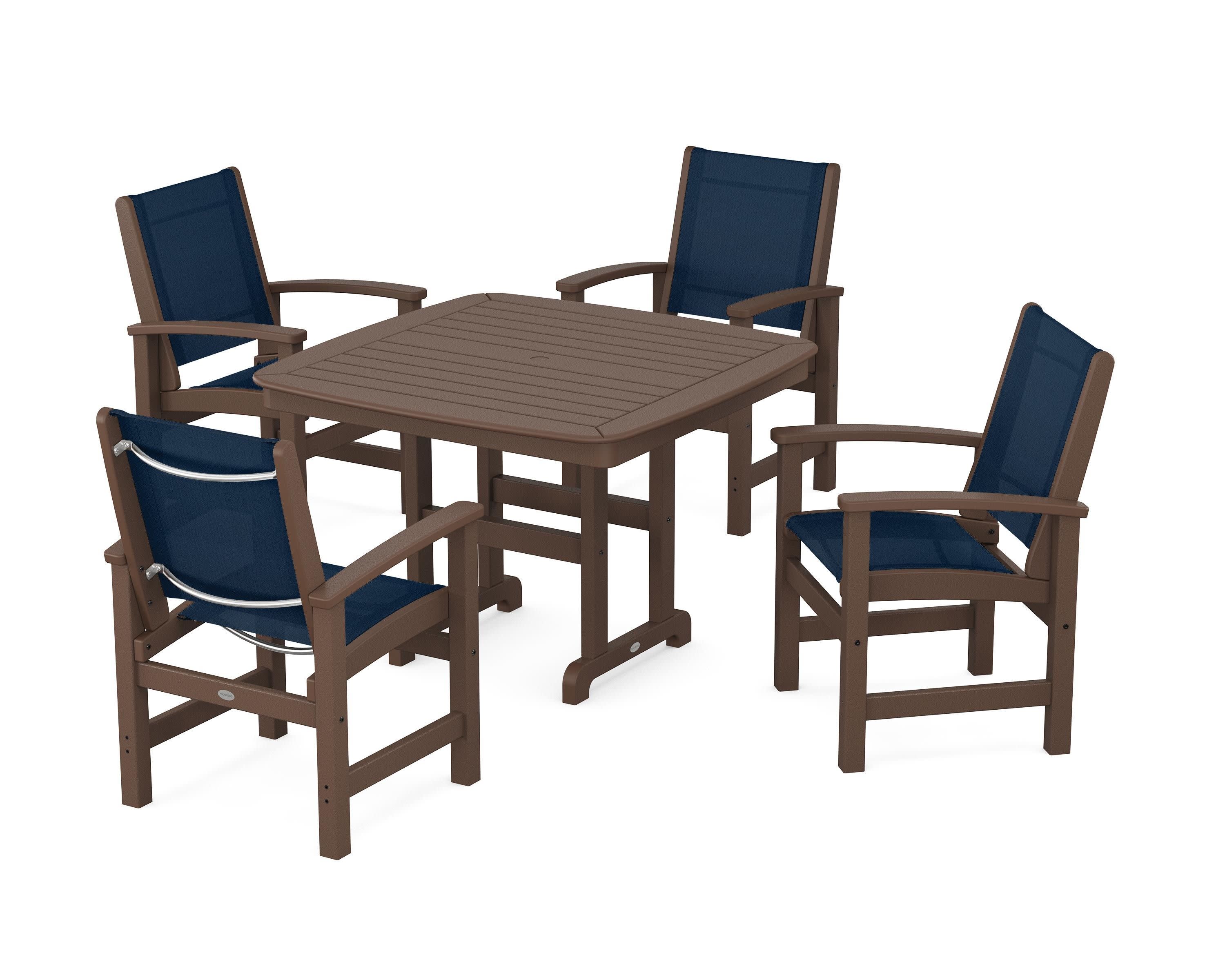 Coastal 5-Piece Dining Set in Mahogany / Navy Blue Sling