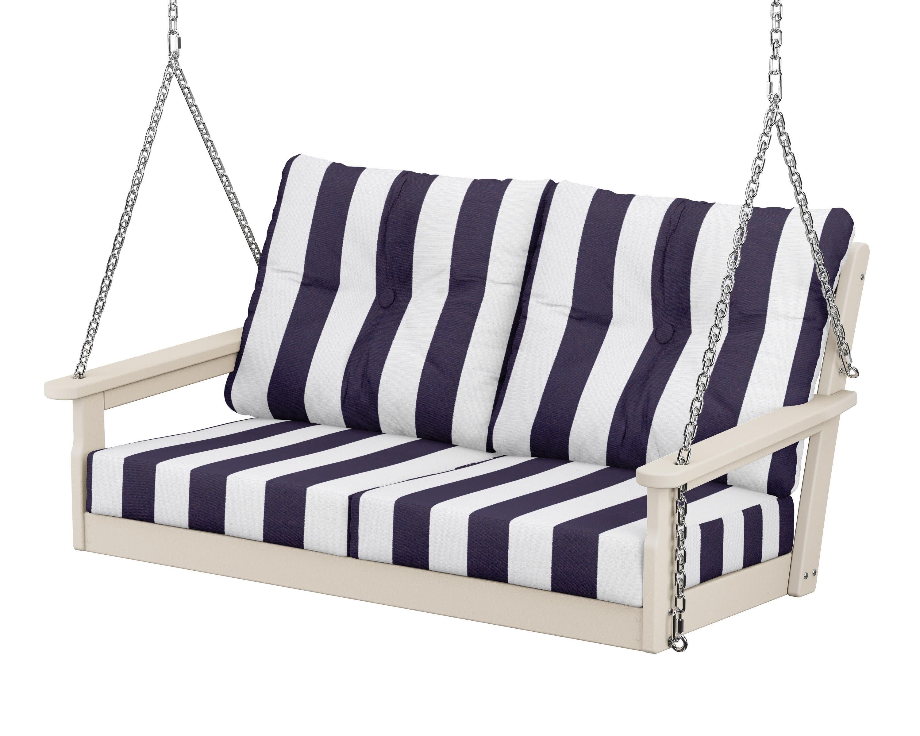 Vineyard Deep Seating Swing in Sand / Cabana Stripe Navy