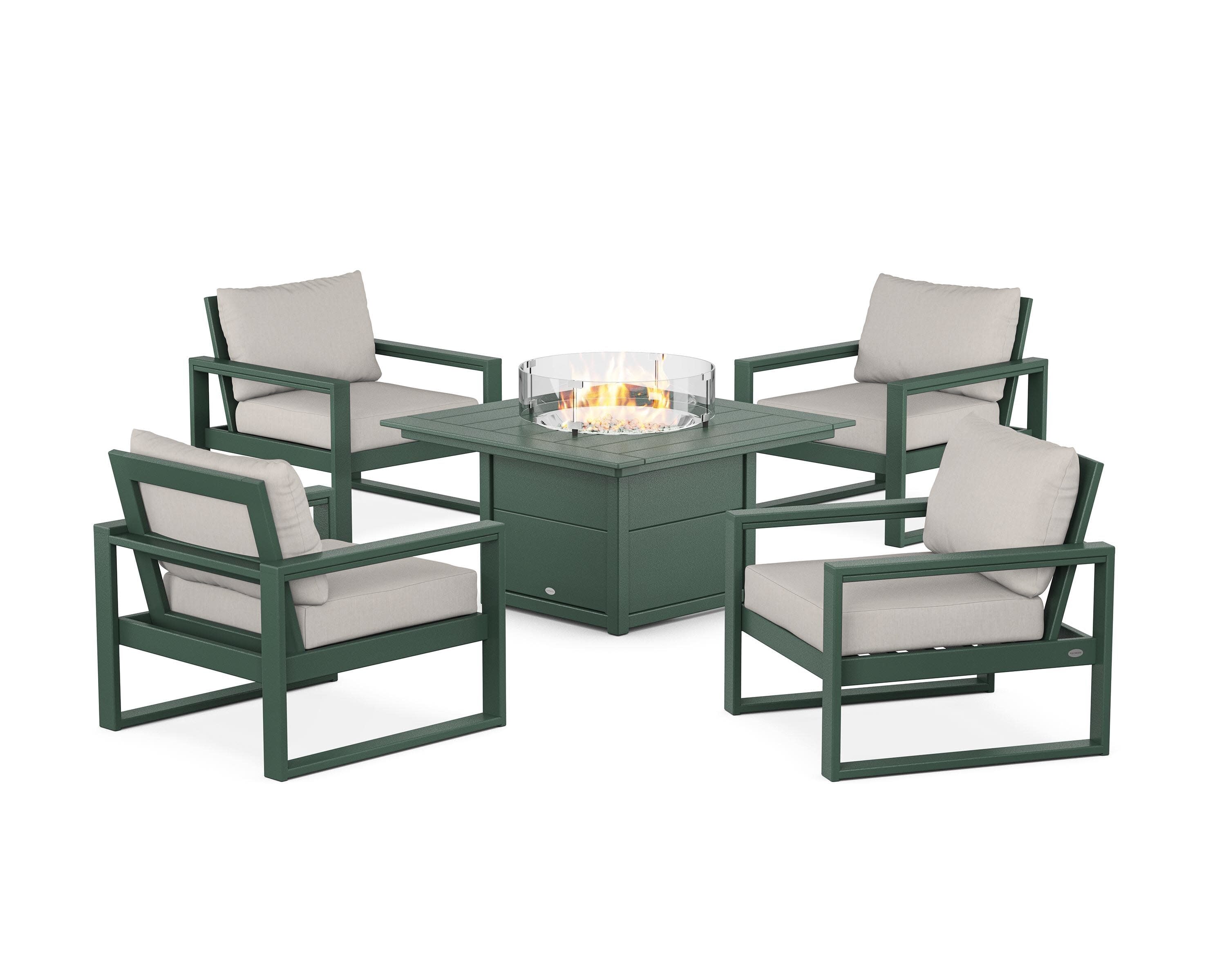 EDGE Sectional 5-Piece Deep Seating Set with Fire Pit Table in Green / Cast Ash
