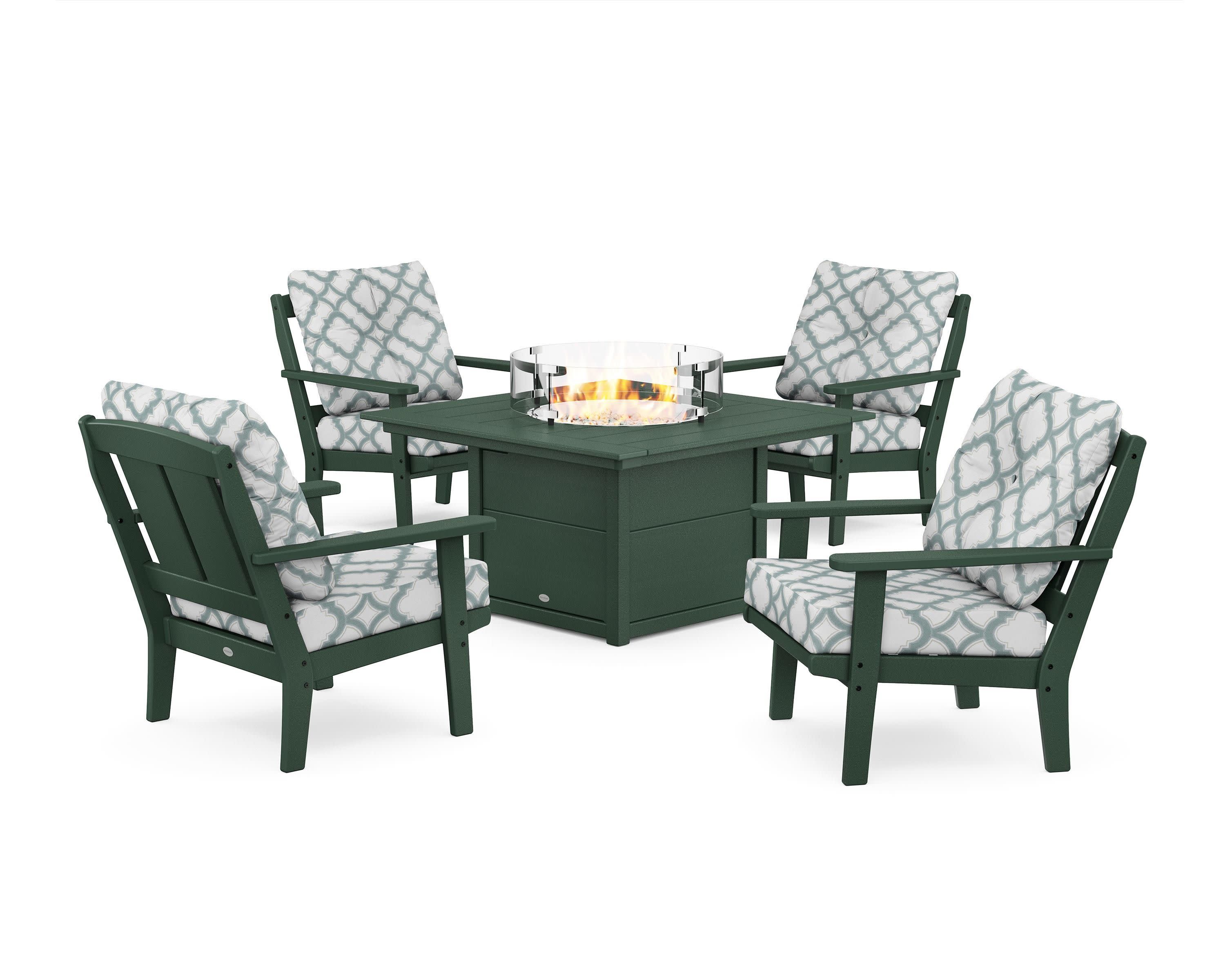 Mission 5-Piece Deep Seating Set with Fire Pit Table in Green / Trellis Glacier Spa