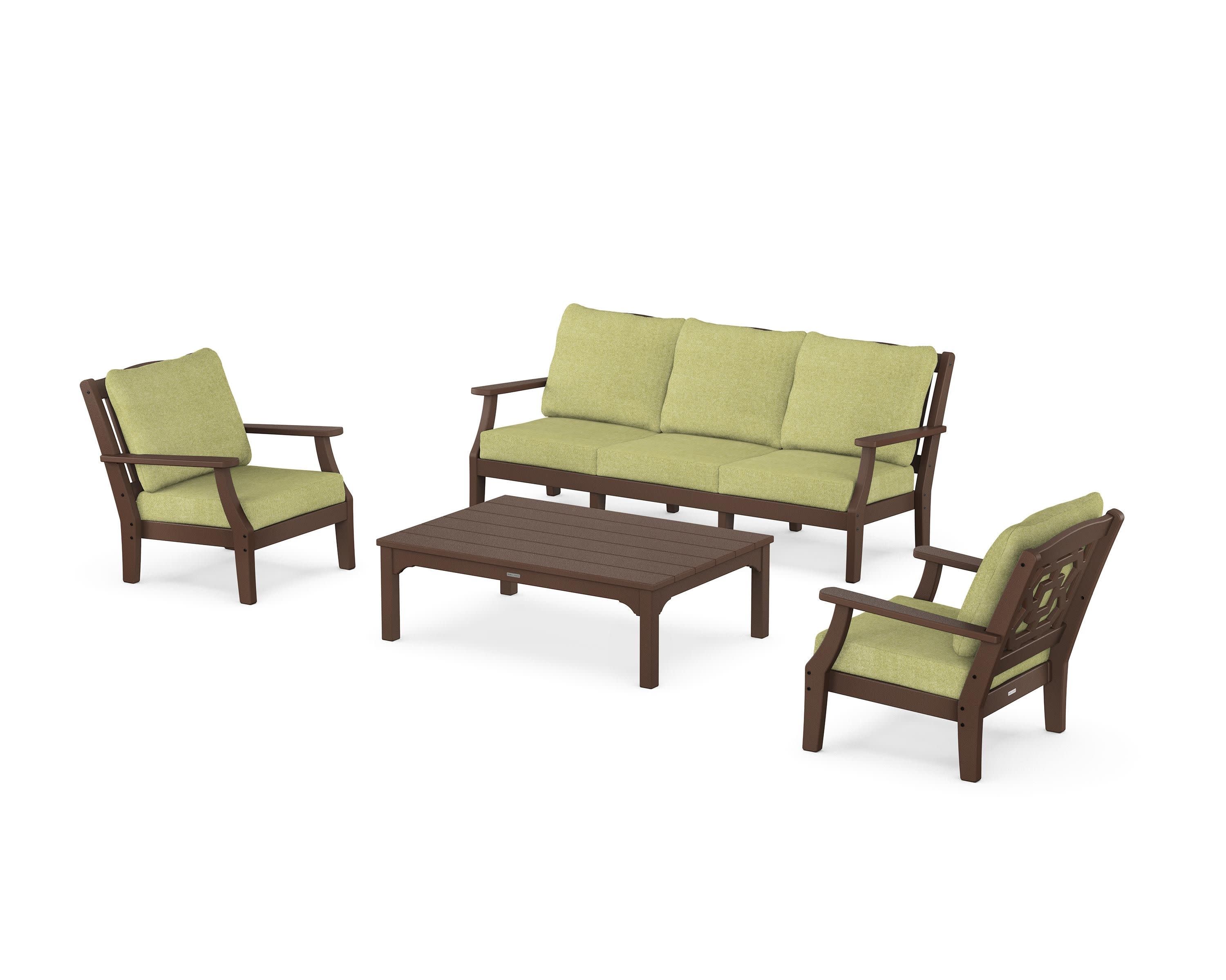 Chinoiserie 4-Piece Deep Seating Set with Sofa in Mahogany / Chartreuse Boucle