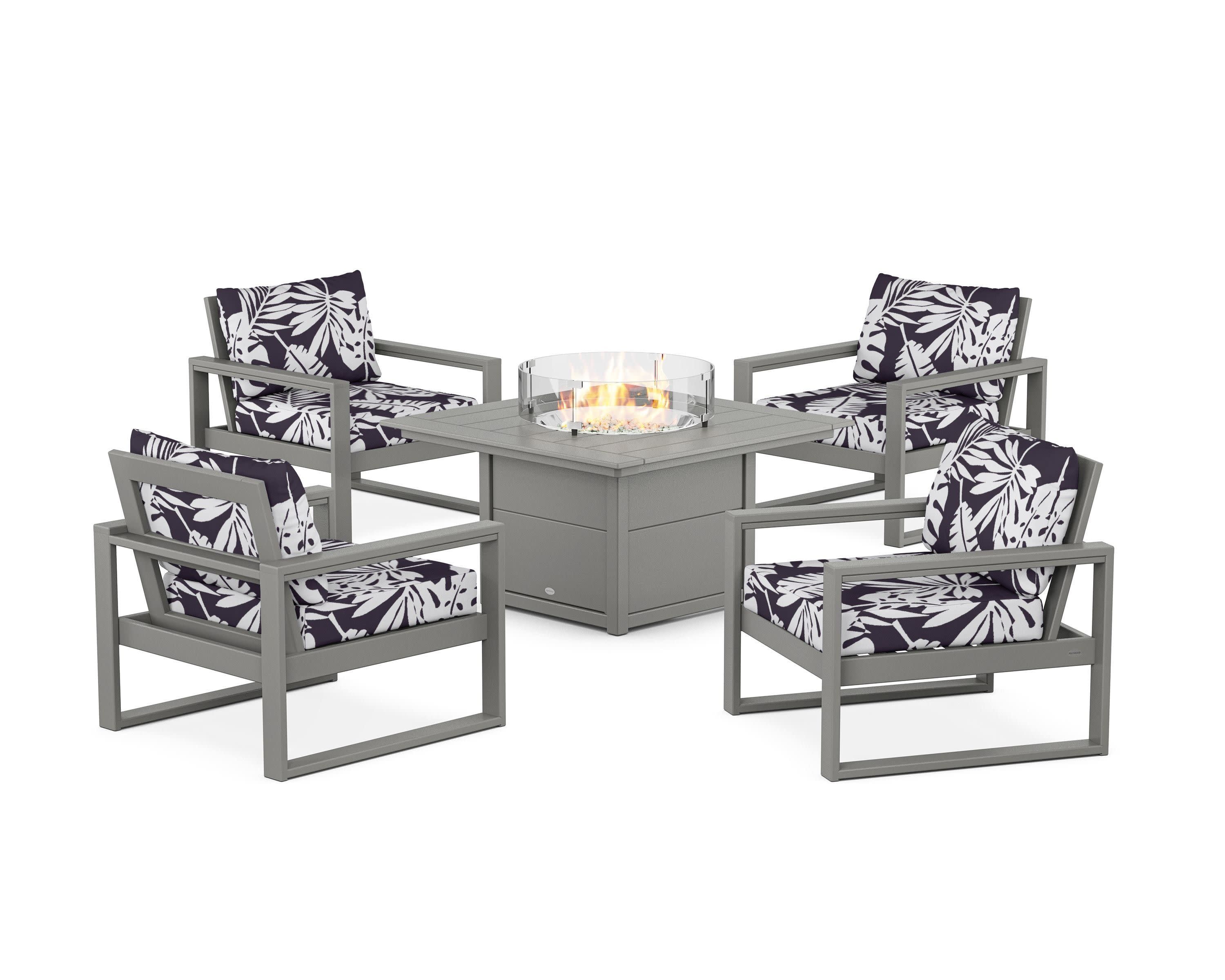 EDGE Sectional 5-Piece Deep Seating Set with Fire Pit Table in Slate Grey / Leaf Navy