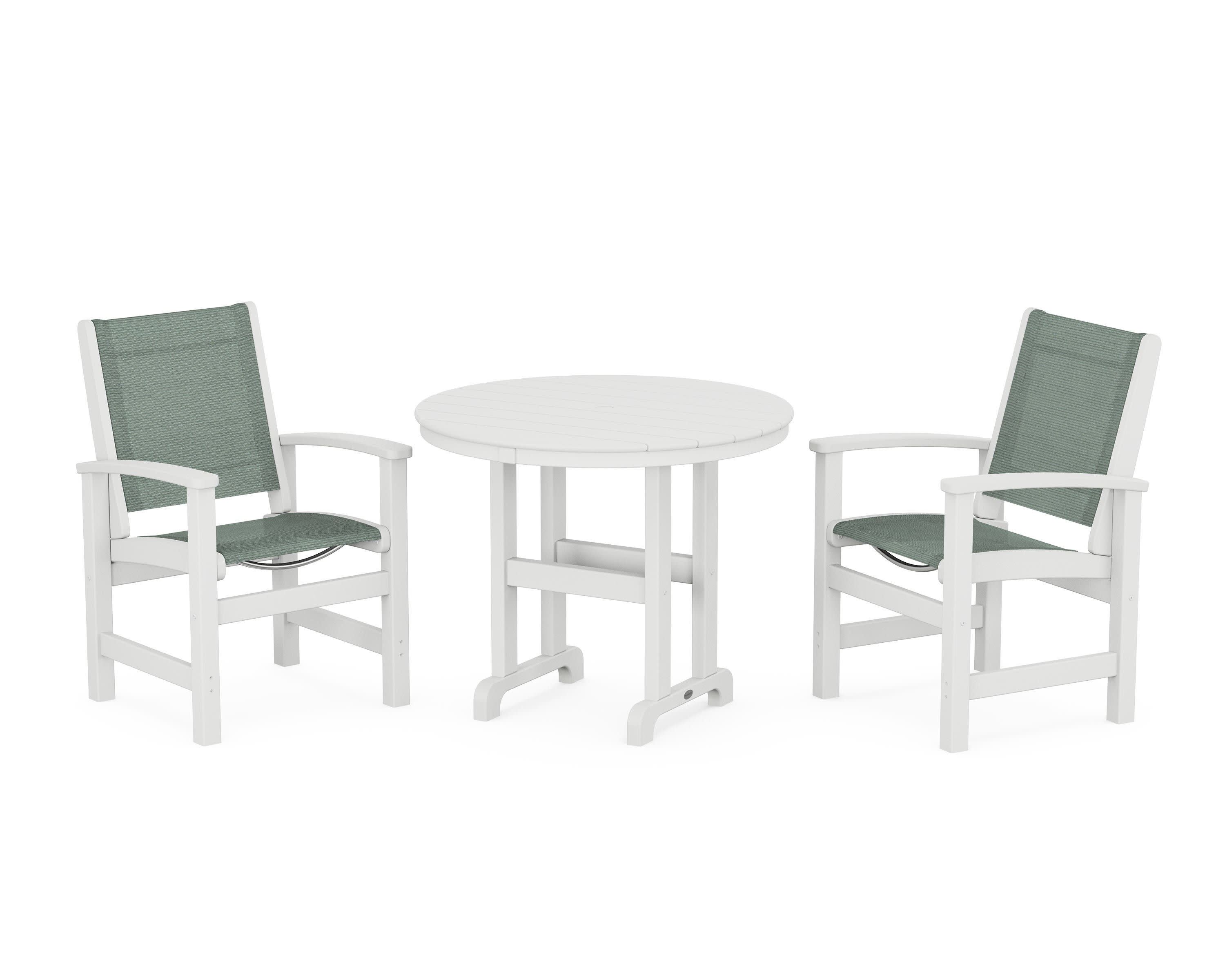 Coastal 3-Piece Round Dining Set in White / Dupioni Sea Mist Sling