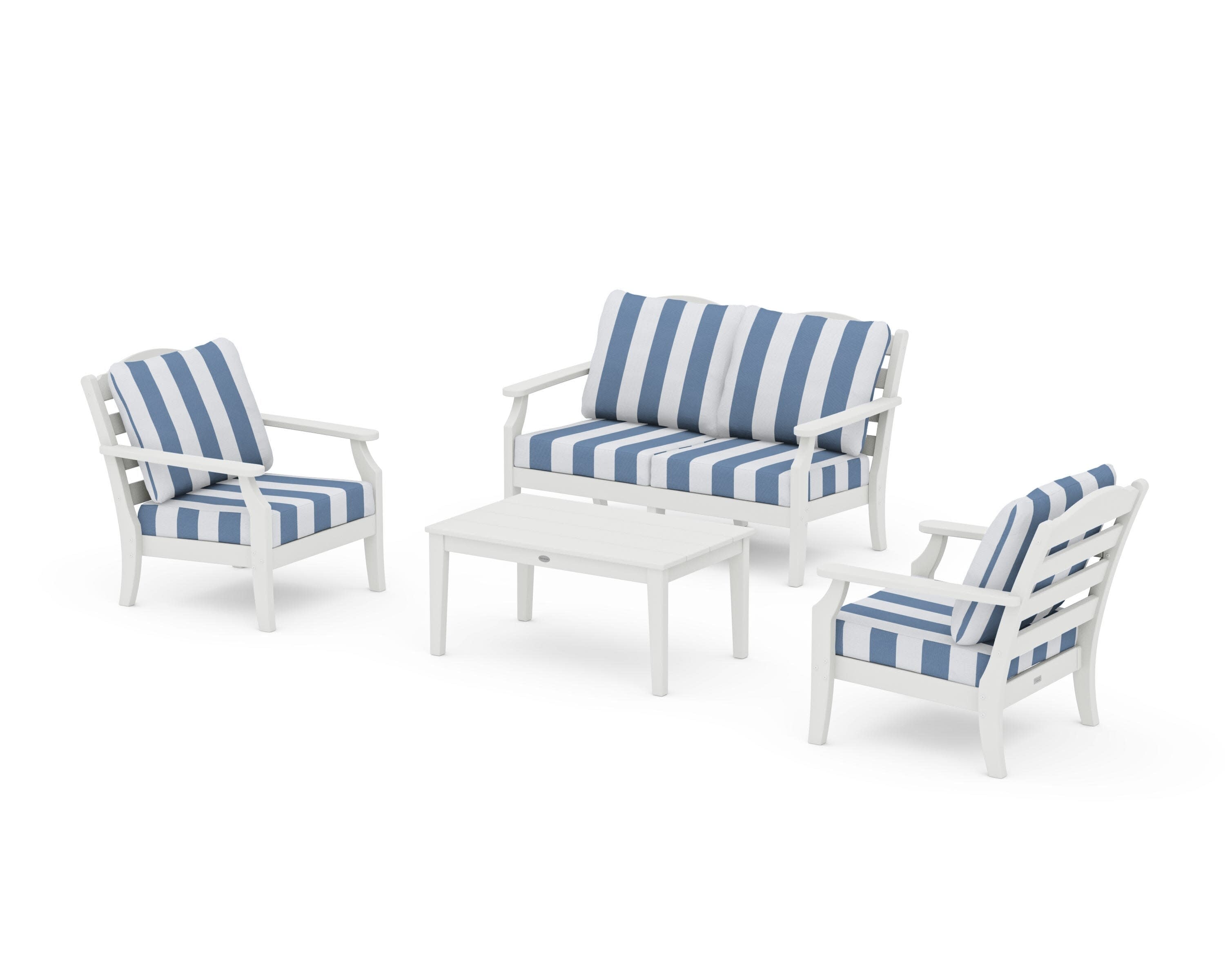 Savannah 4-Piece Deep Seating Set with Loveseat in Vintage White / Cabana Stripe Sky Blue