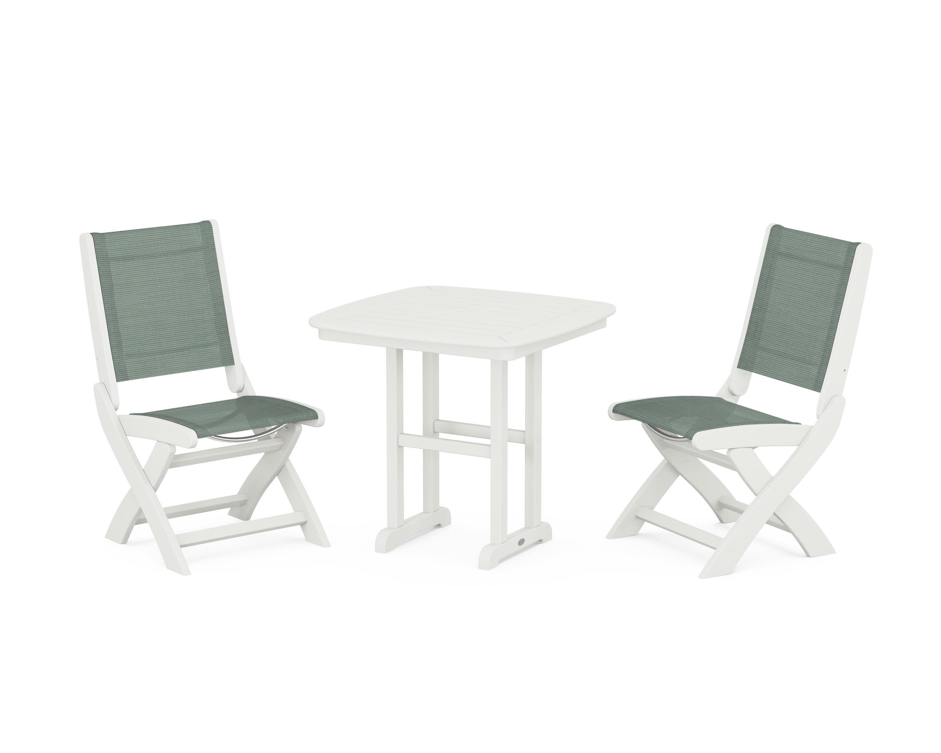 Coastal Folding Side Chair 3-Piece Dining Set in Vintage White / Dupioni Sea Mist Sling
