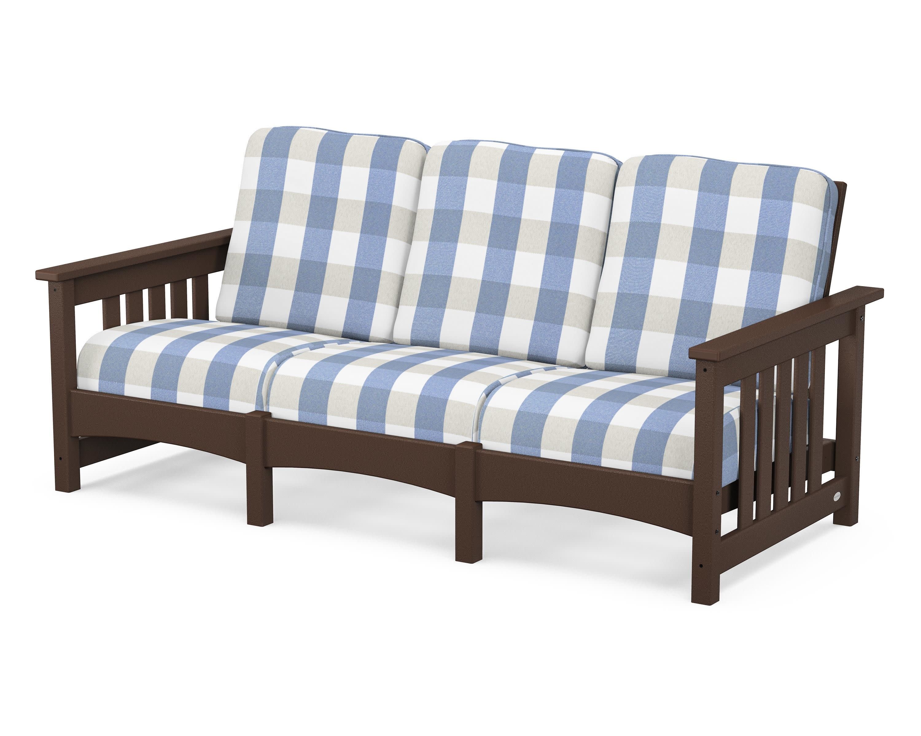 Club Mission Sofa in Mahogany / Buffalo Plaid Sky Blue