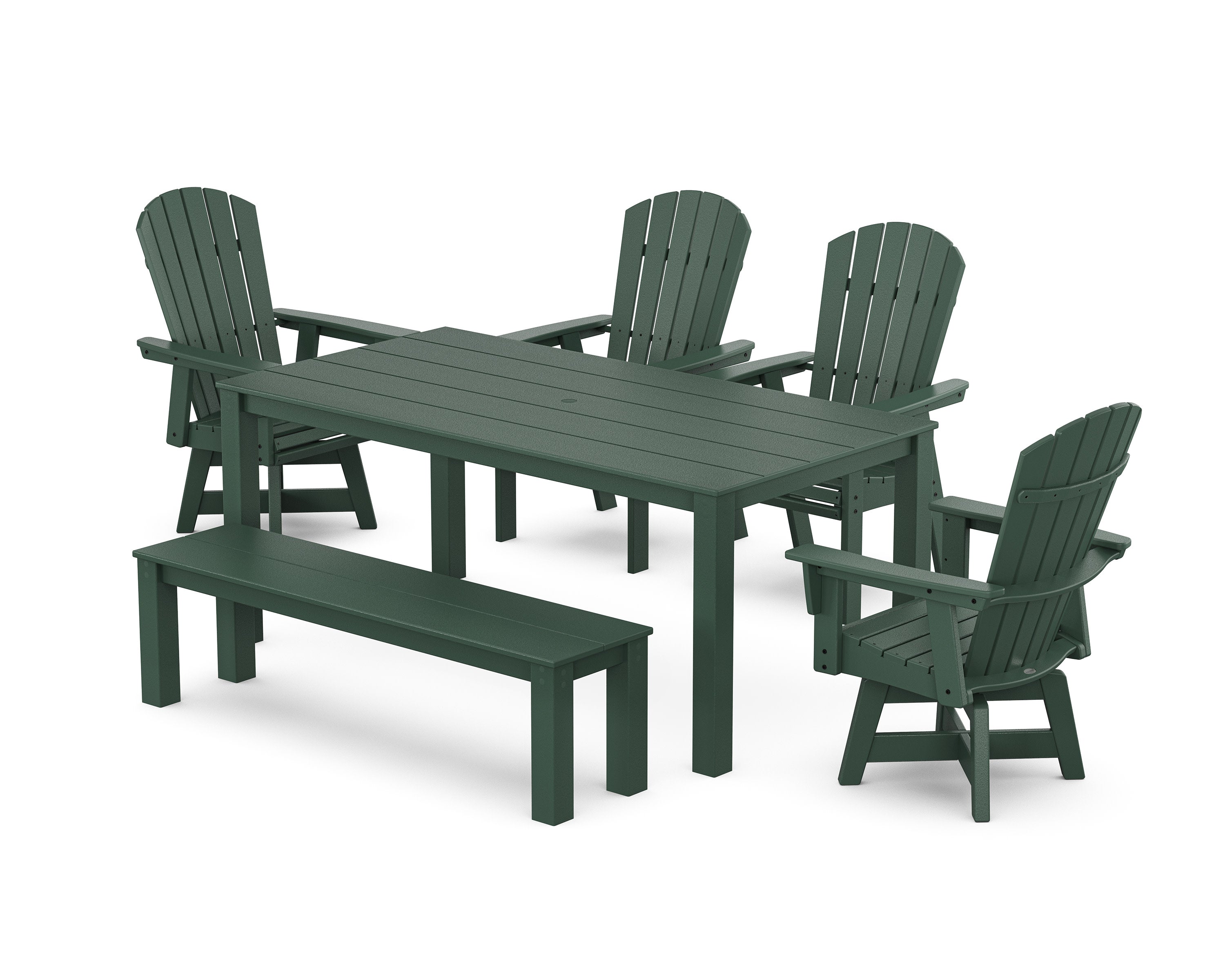 Nautical Curveback Adirondack Swivel 6-Piece Parsons Dining Set with Bench in Green