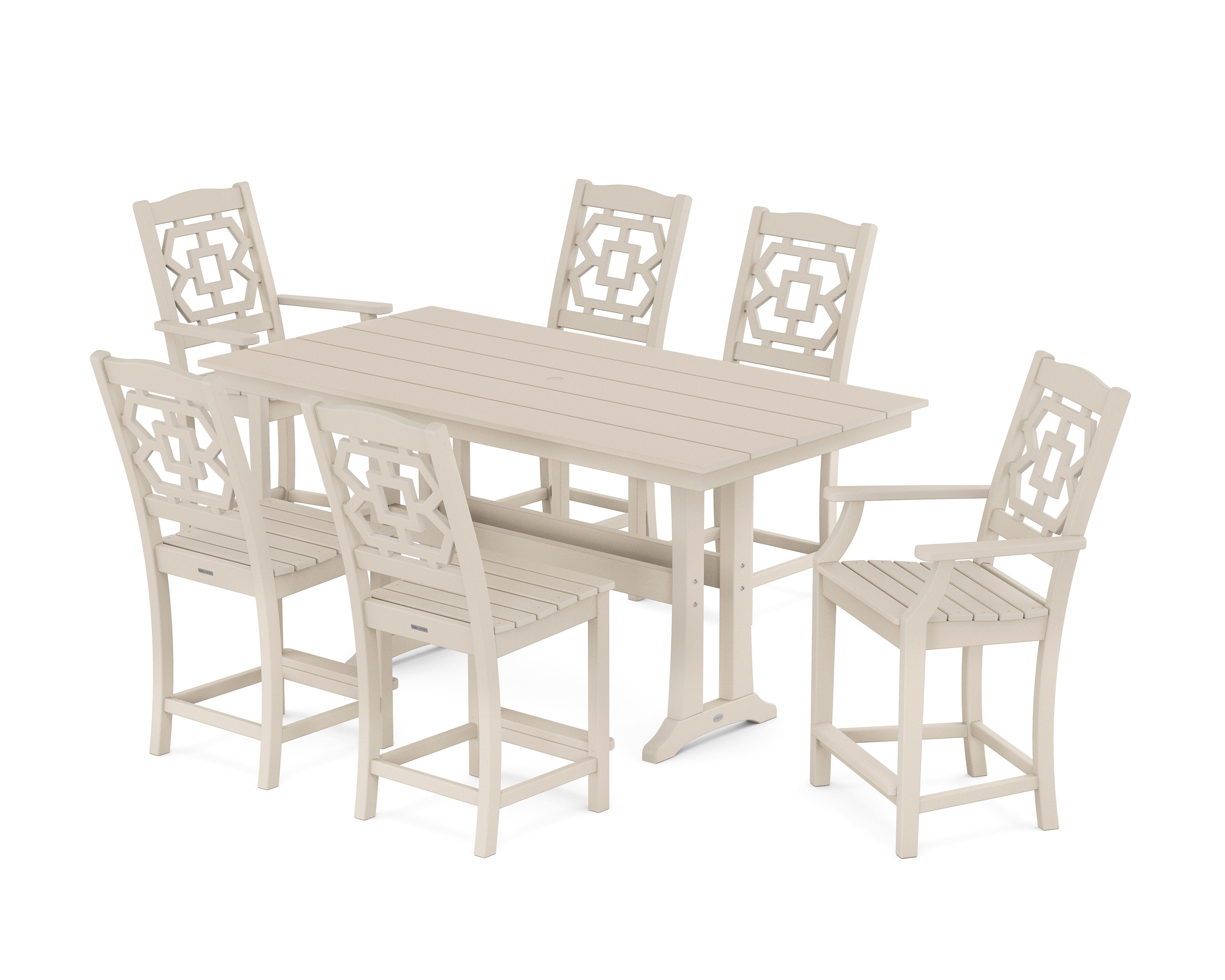 Chinoiserie 7-Piece Farmhouse Counter Set with Trestle Legs in Sand